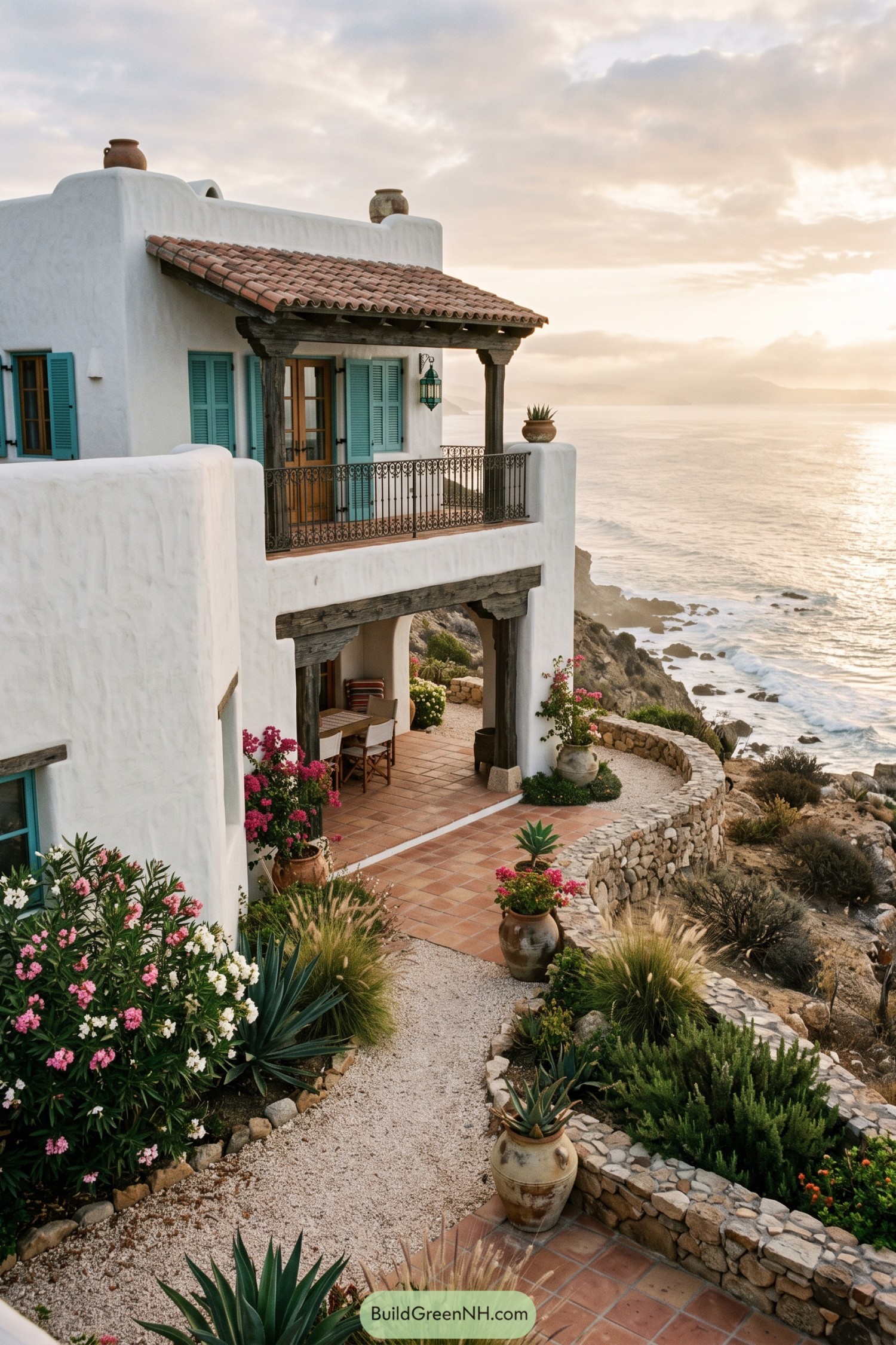White stucco hacienda with turquoise shutters overlooking a rocky coast
