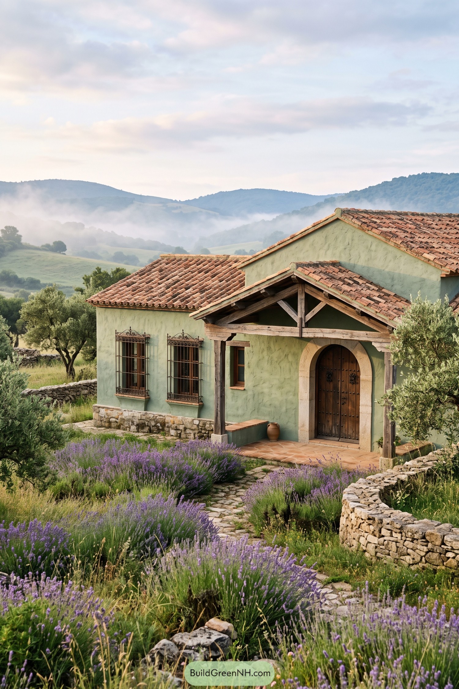 Pale green hacienda with lavender gardens and tiled roofs