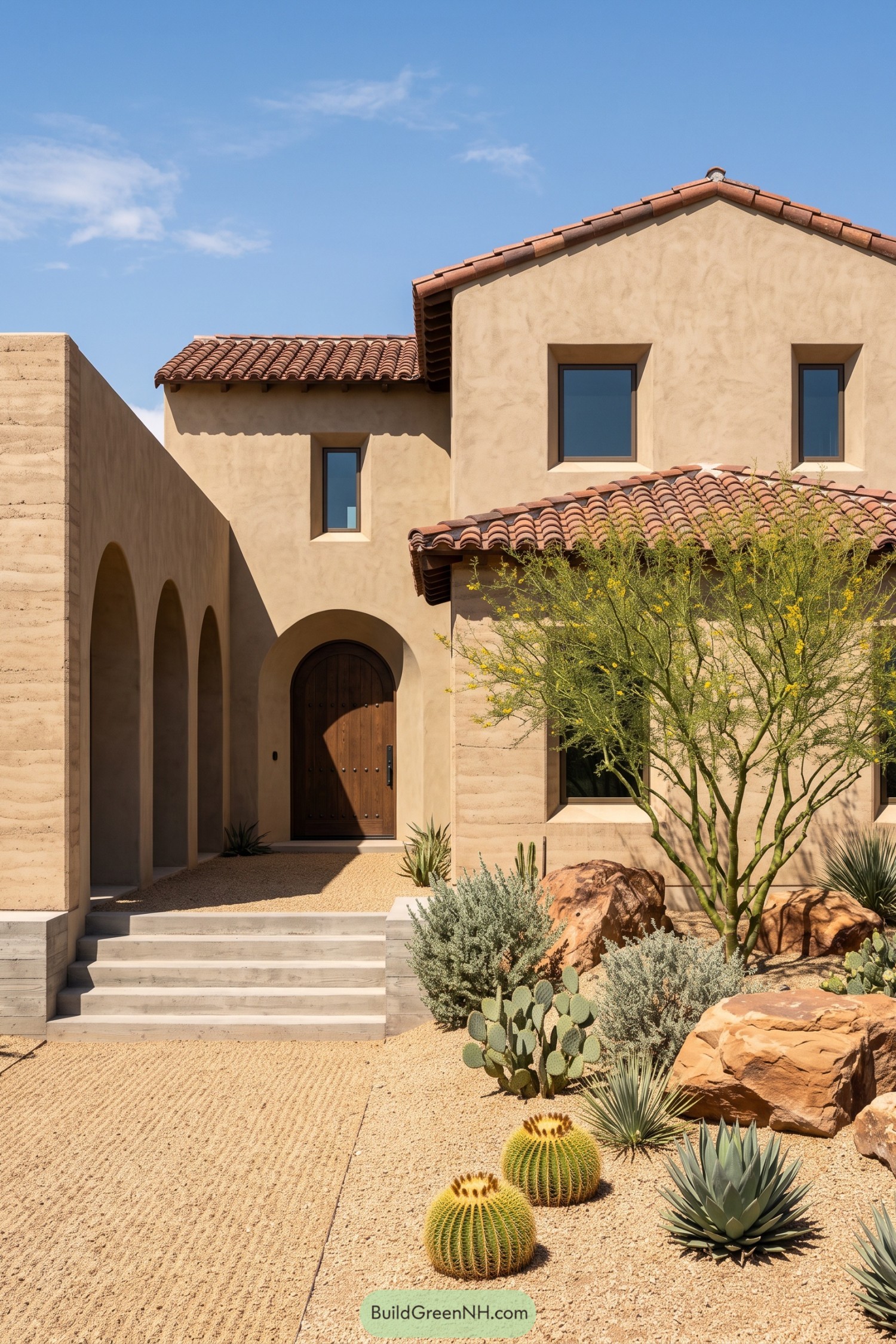 Stucco hacienda with tiled roofs and desert garden