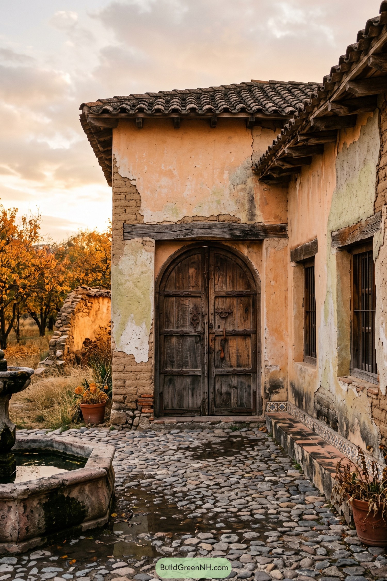 A weathered hacienda with arched wooden doors and cobbled courtyard