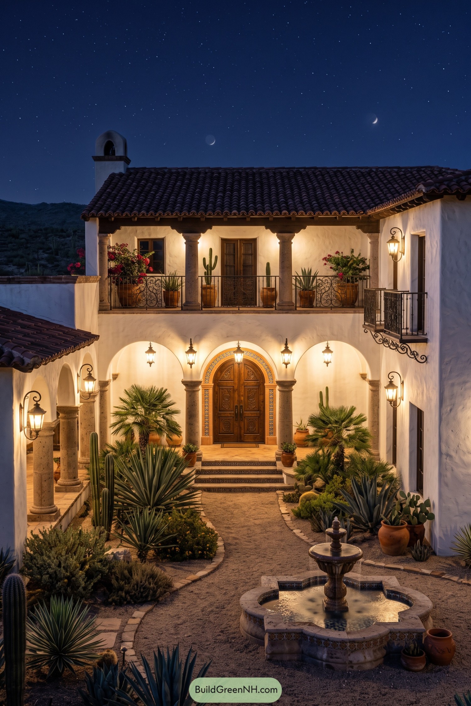 White stucco hacienda courtyard with fountain and bell tower at night
