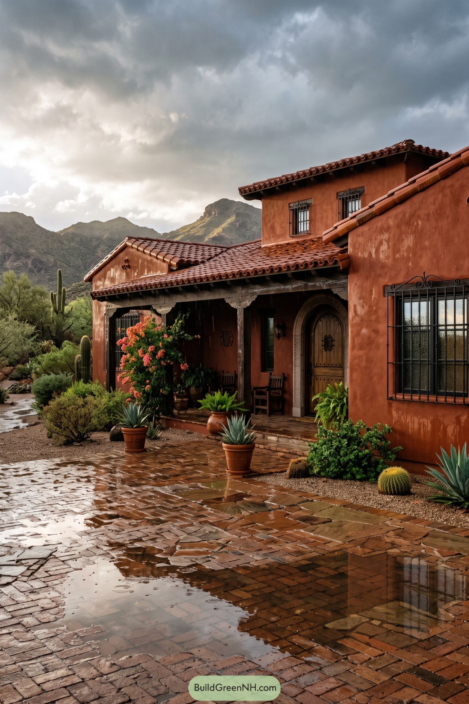 Terracotta hacienda with rain-washed brick patio and mountain views