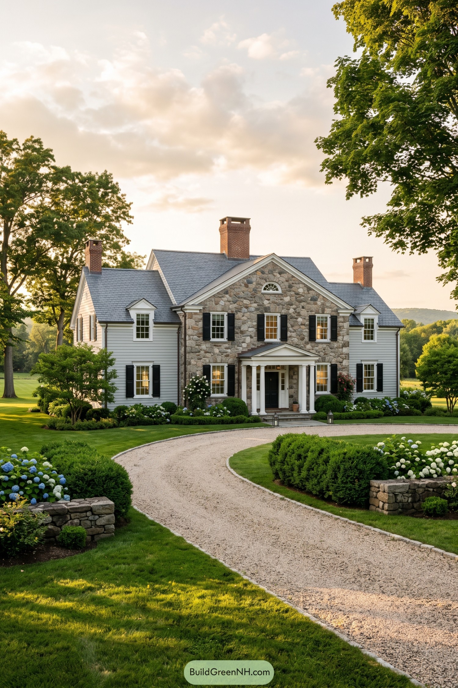 Connecticut colonial home with stone facade and curved gravel drive