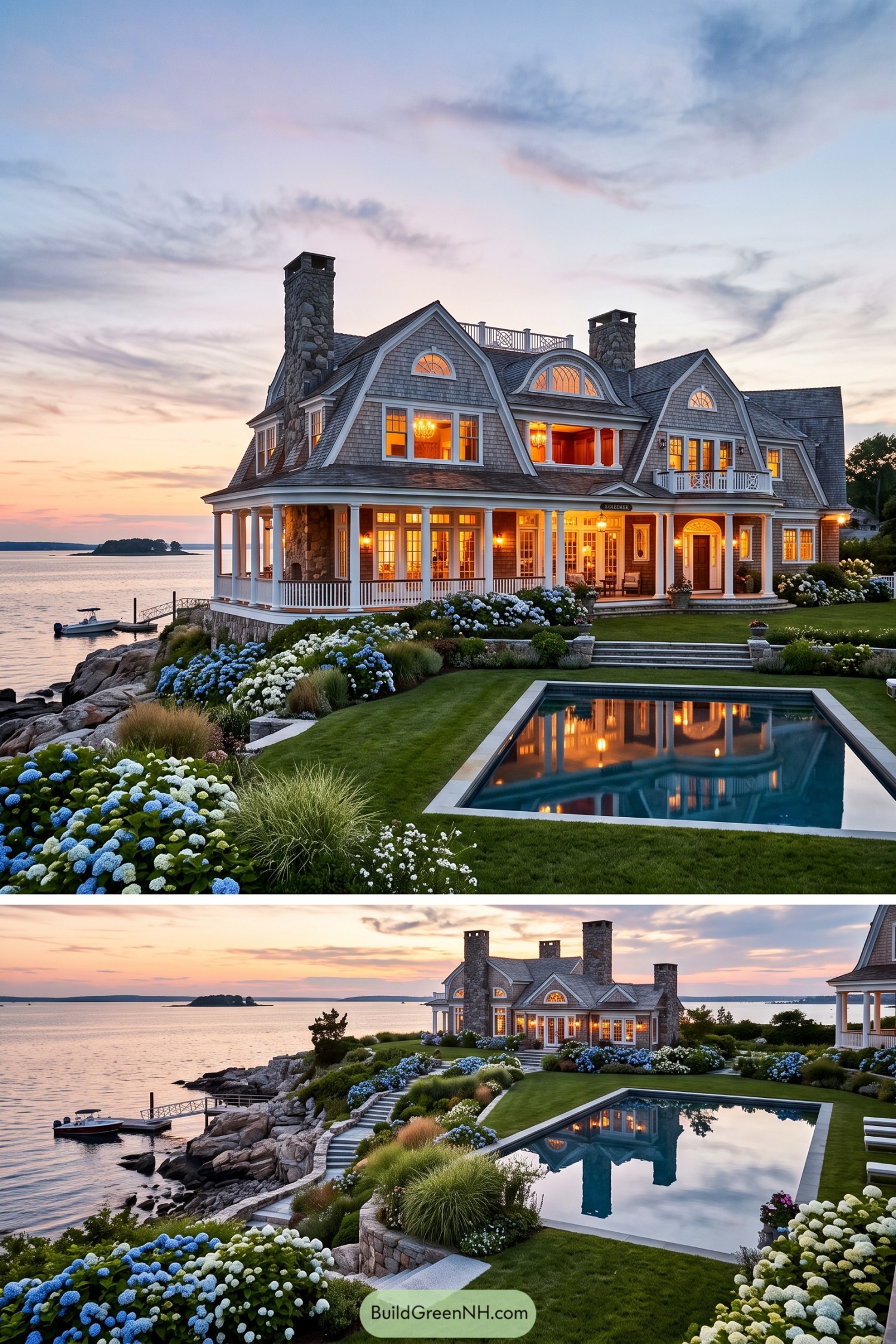 Shingle-style waterfront home with stone chimneys and a wraparound porch