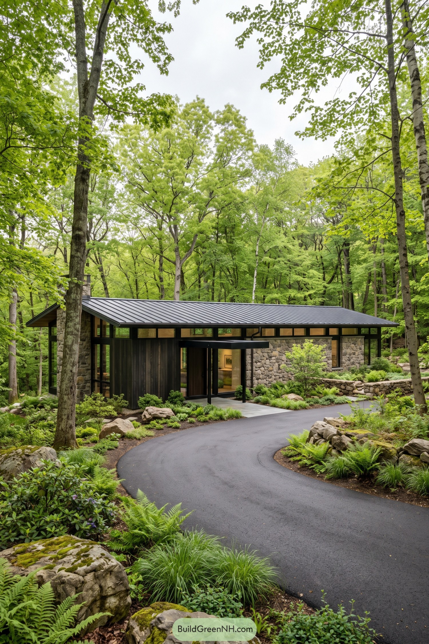 Modern stone and black clad home nestled in forest