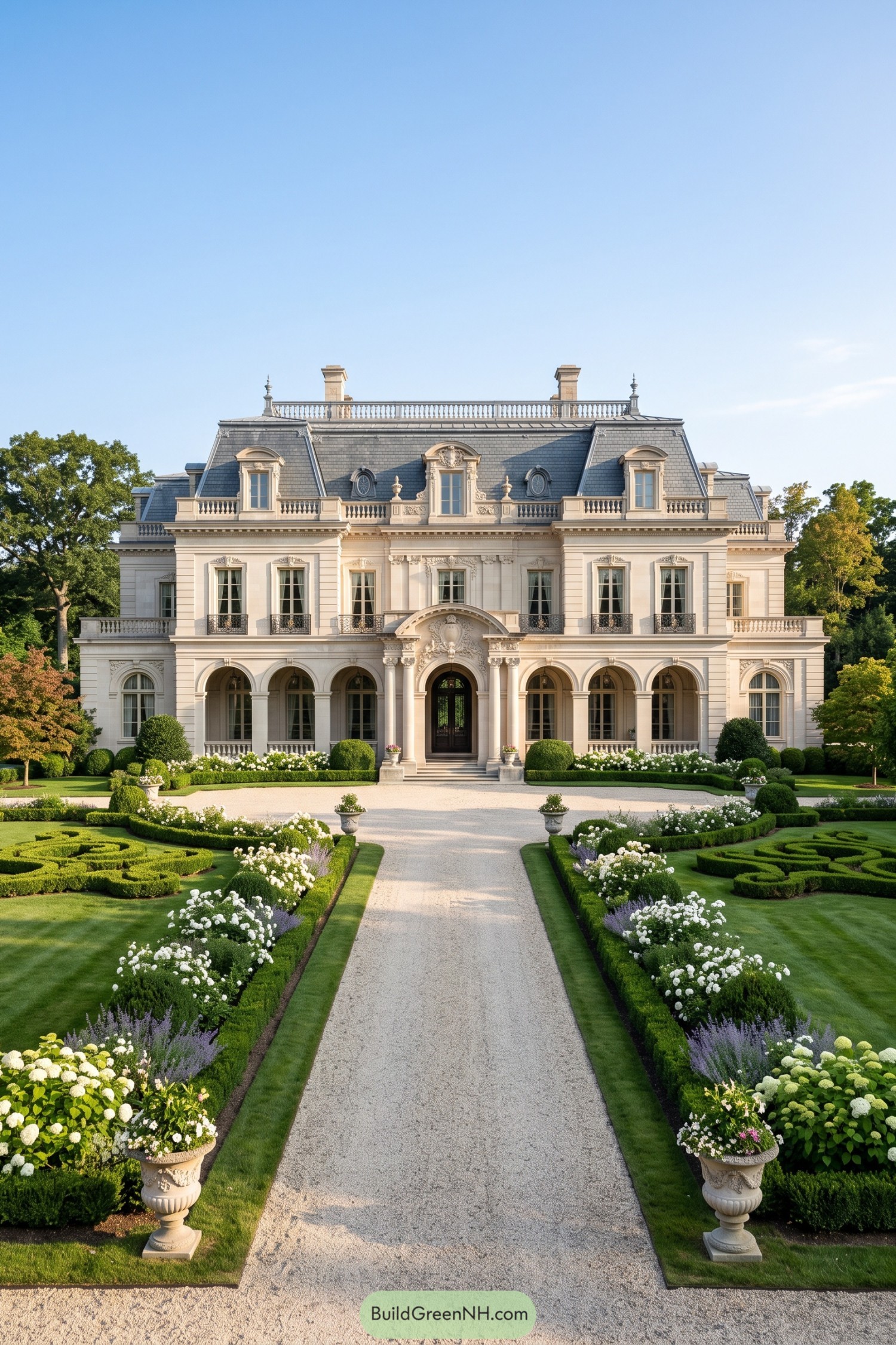 French-inspired limestone manor with formal parterre garden and slate mansard roof