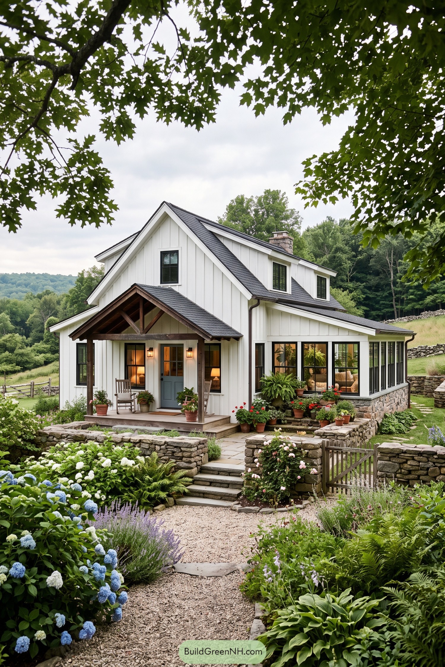 White board-and-batten farmhouse with a timber porch and stone garden walls