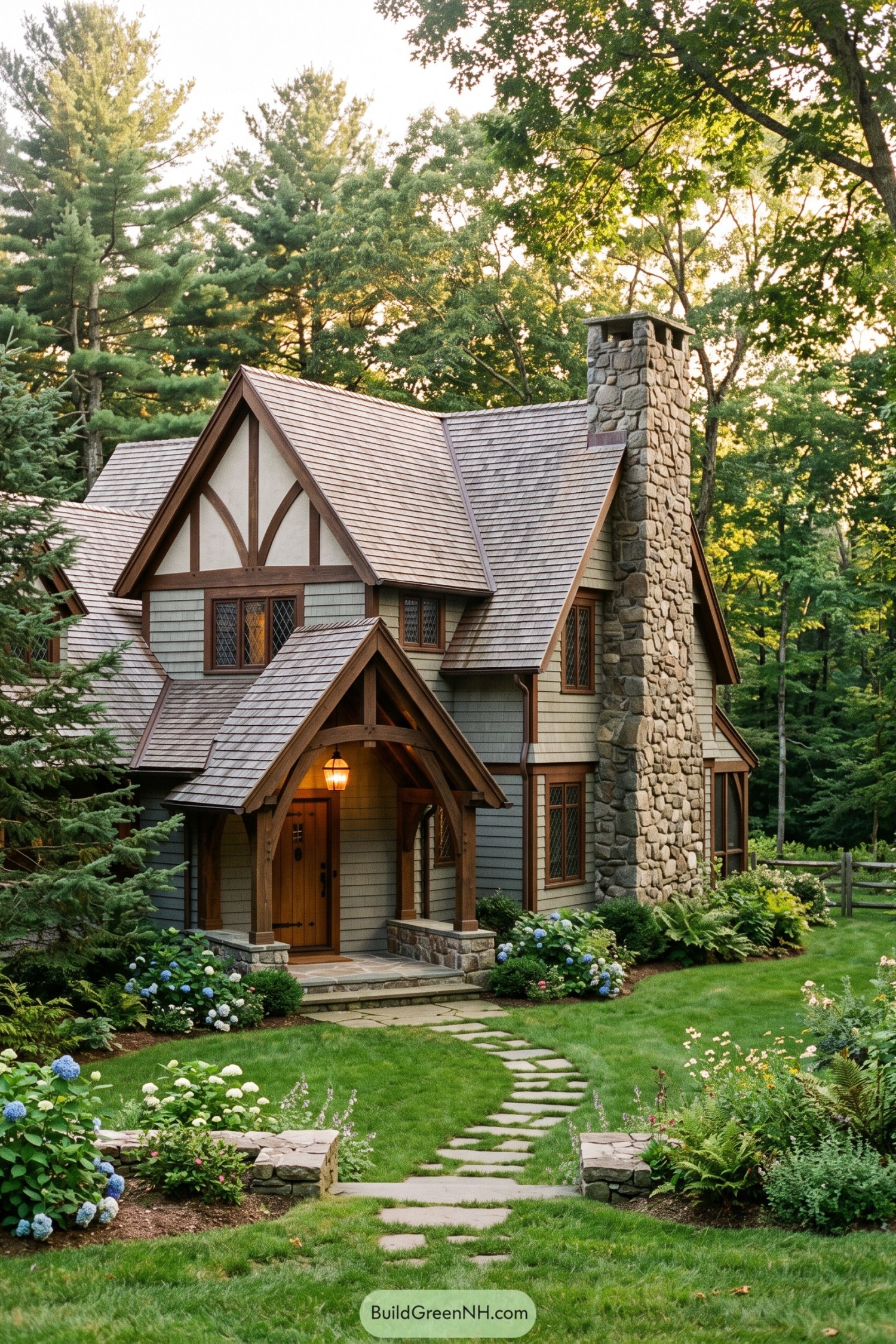 Tudor cottage with stone chimney and garden path
