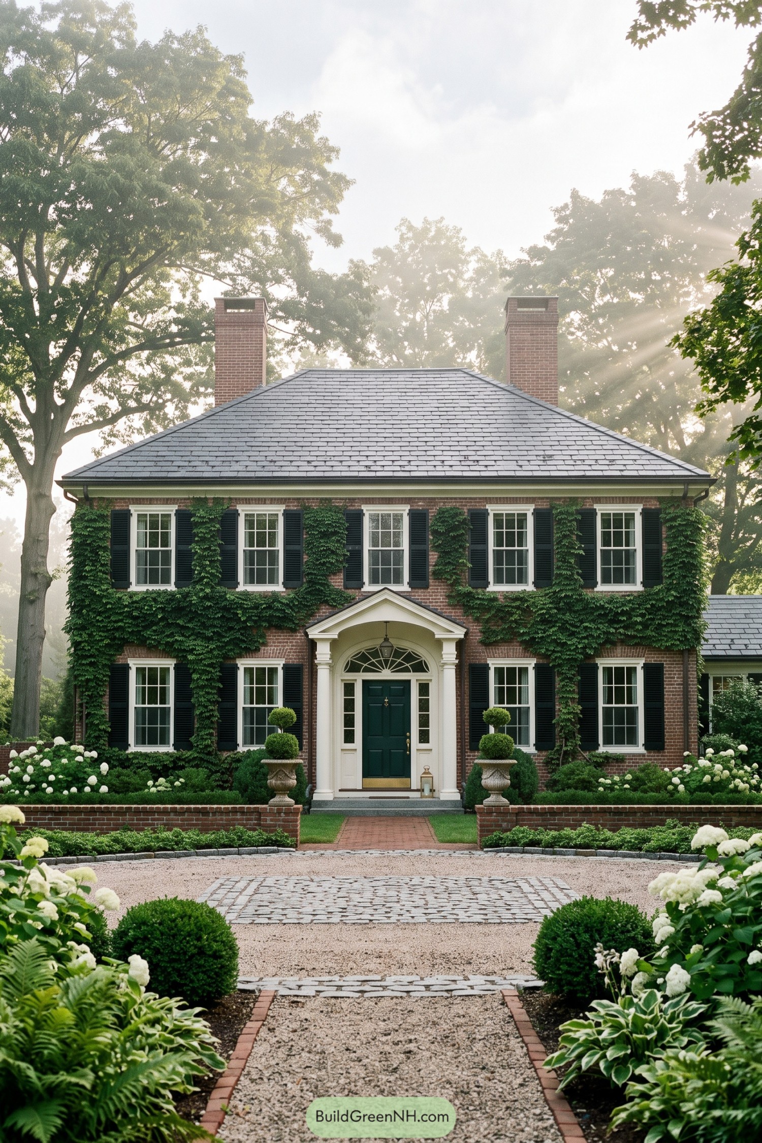 Brick Georgian house with black shutters and a columned entry