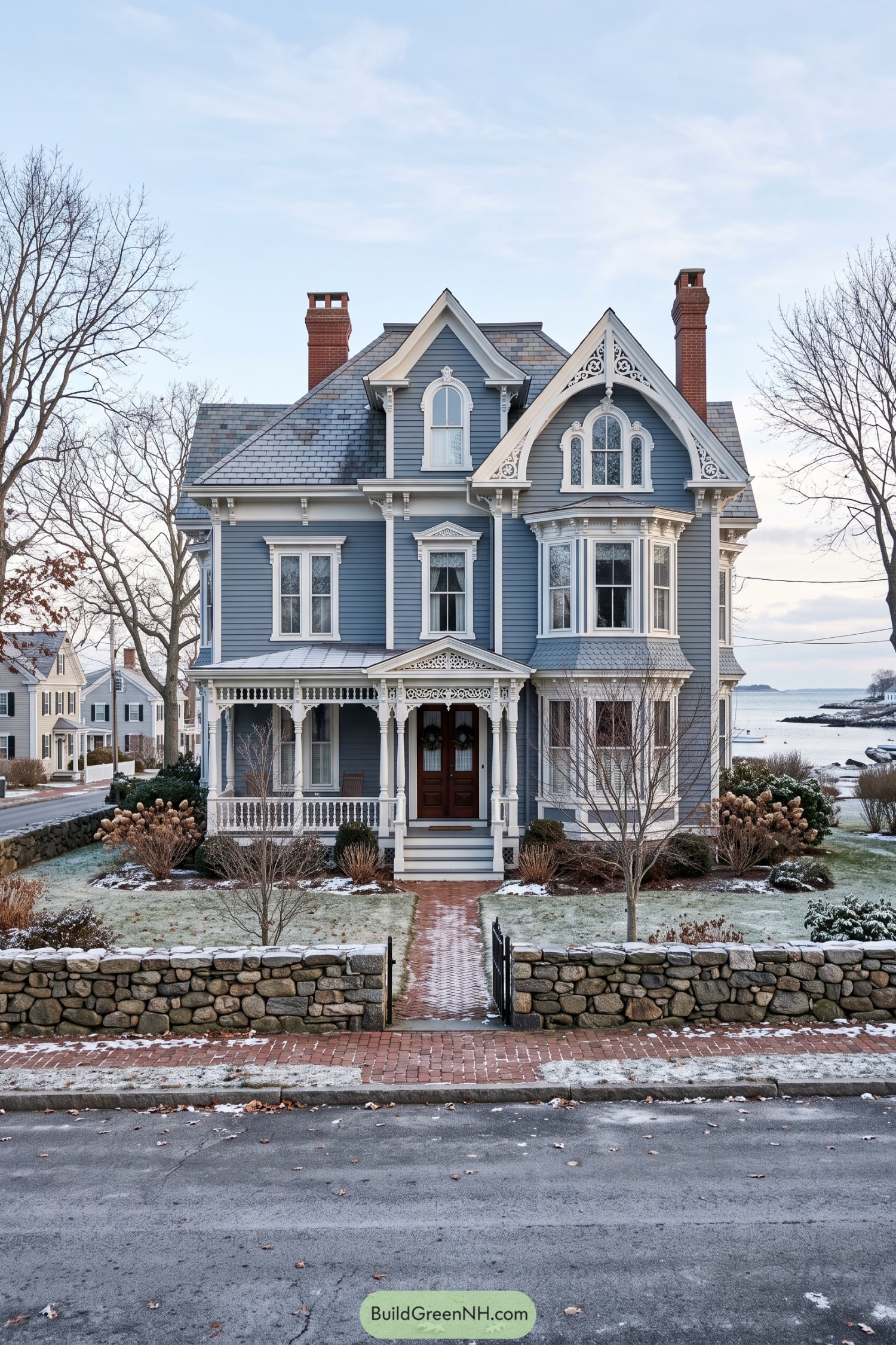 Slate-blue Victorian house with ornate white trim and bay window near the shore