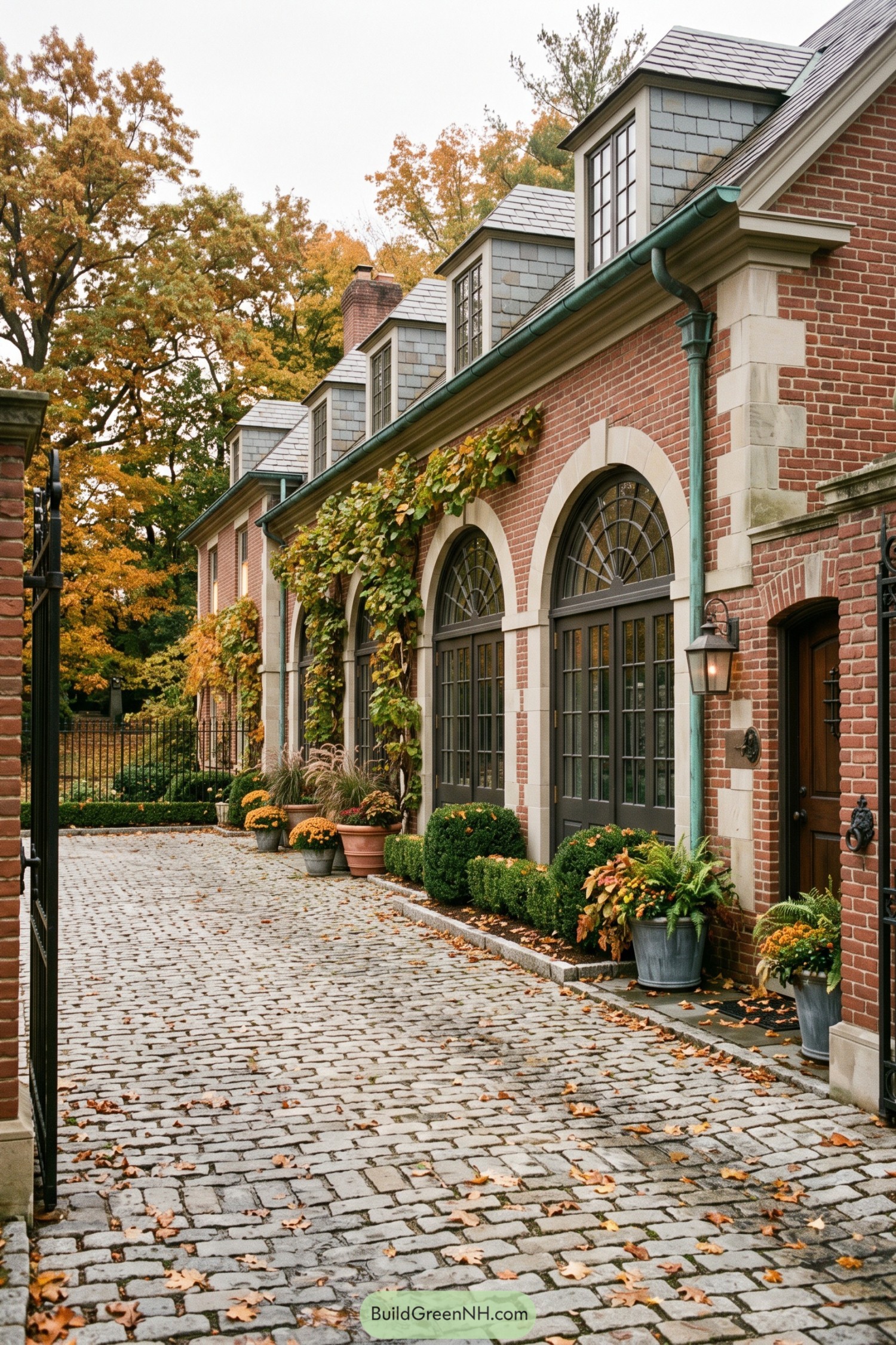 Brick courtyard home with arched windows and slate dormers