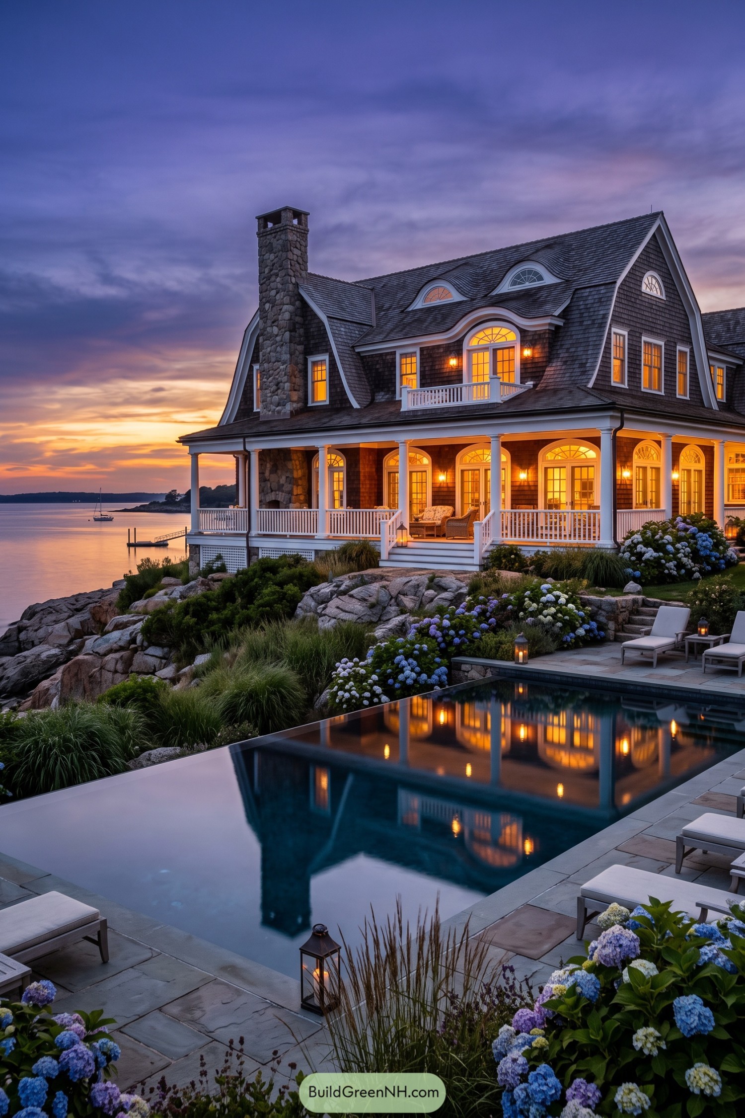 Shingle cottage with a stone chimney beside an infinity pool overlooking the water