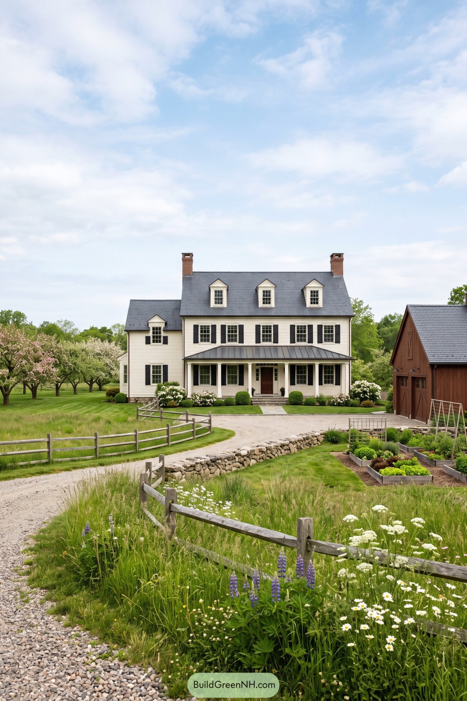 White Colonial home with black shutters beside a red barn and wildflower meadow