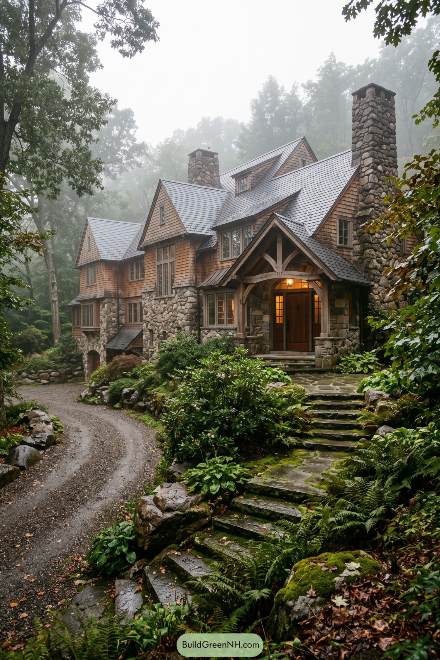 Wood-shingled cottage with stone chimneys in misty woods