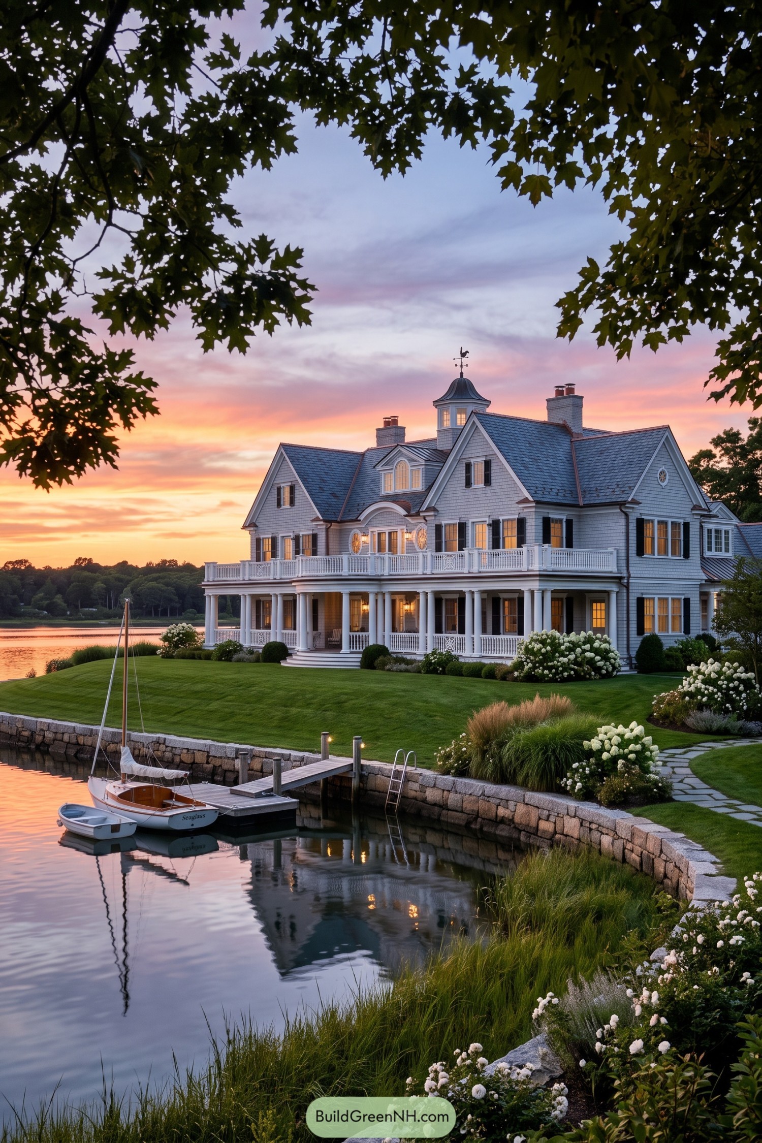 Gray shingle waterfront home with cupola and wraparound porch