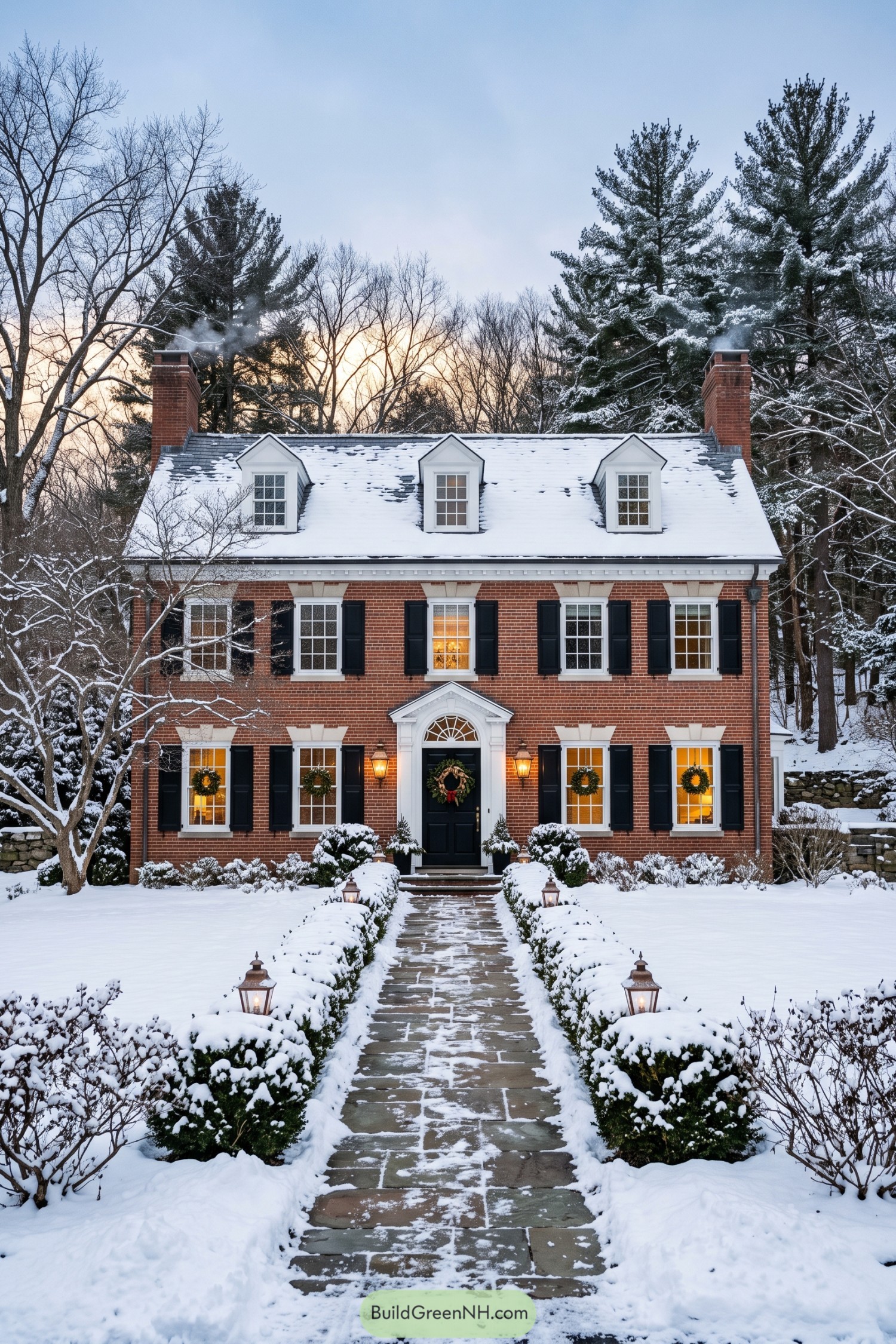 Brick Federal home with snowy roof and formal garden path