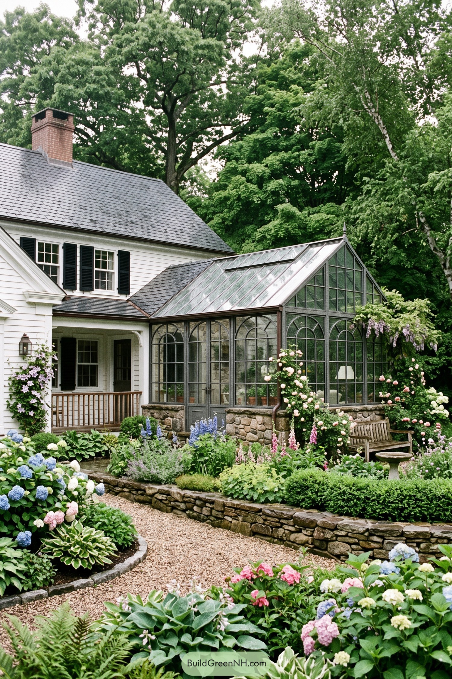 Glass conservatory beside a white clapboard cottage garden