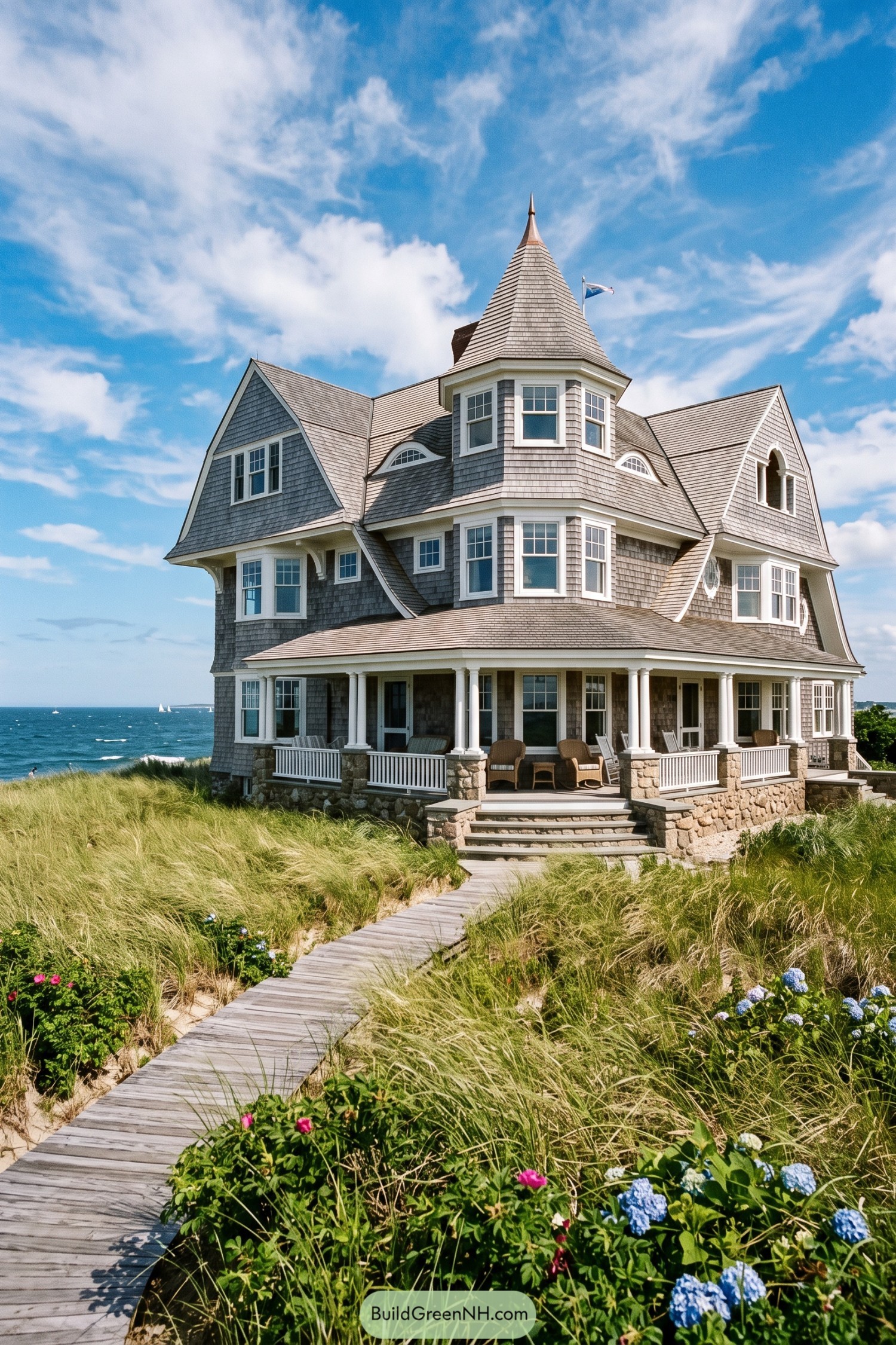 Shingled coastal home with a turret and wraparound porch