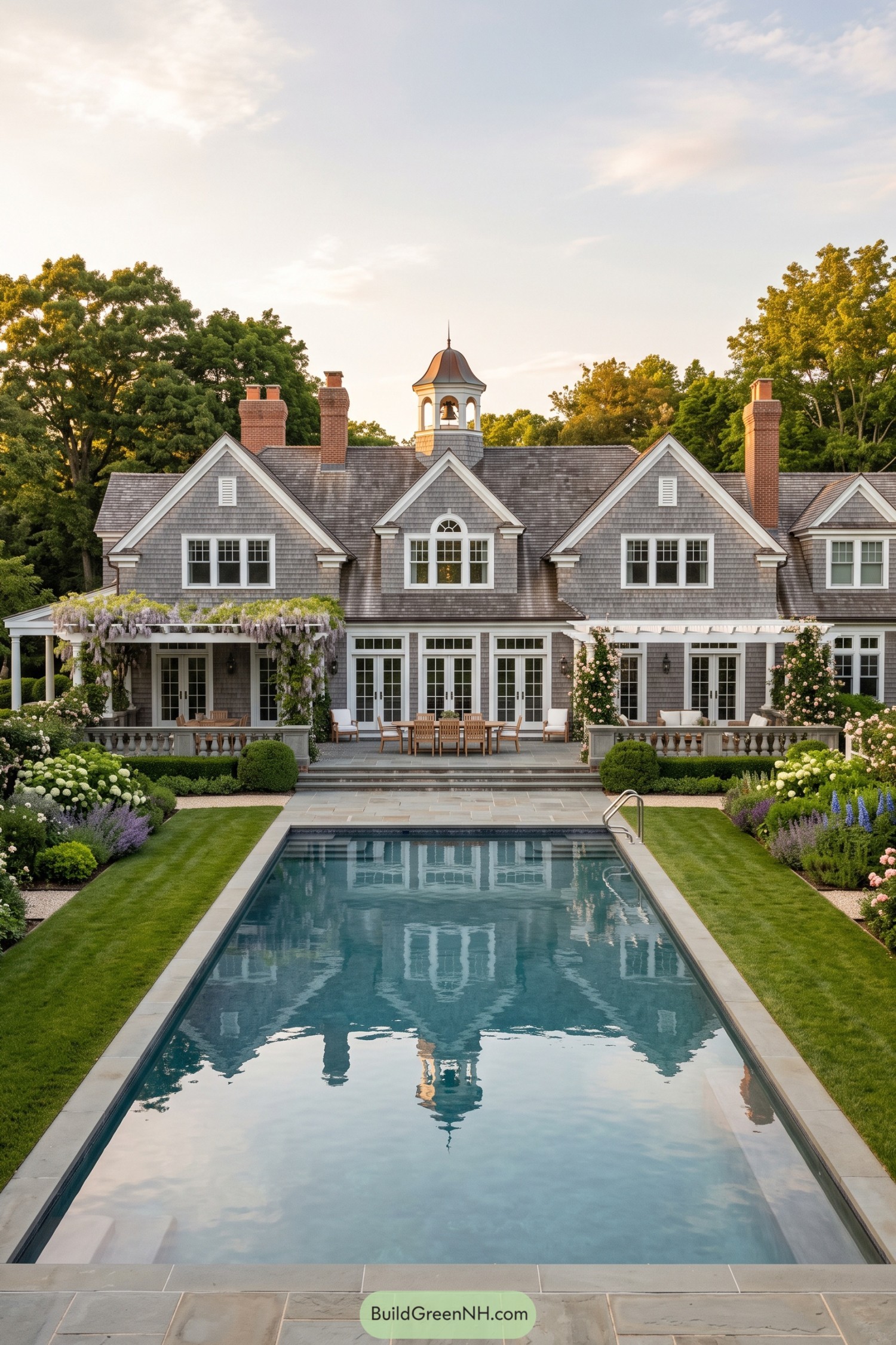 Gray shingle Connecticut home with bell tower and formal pool