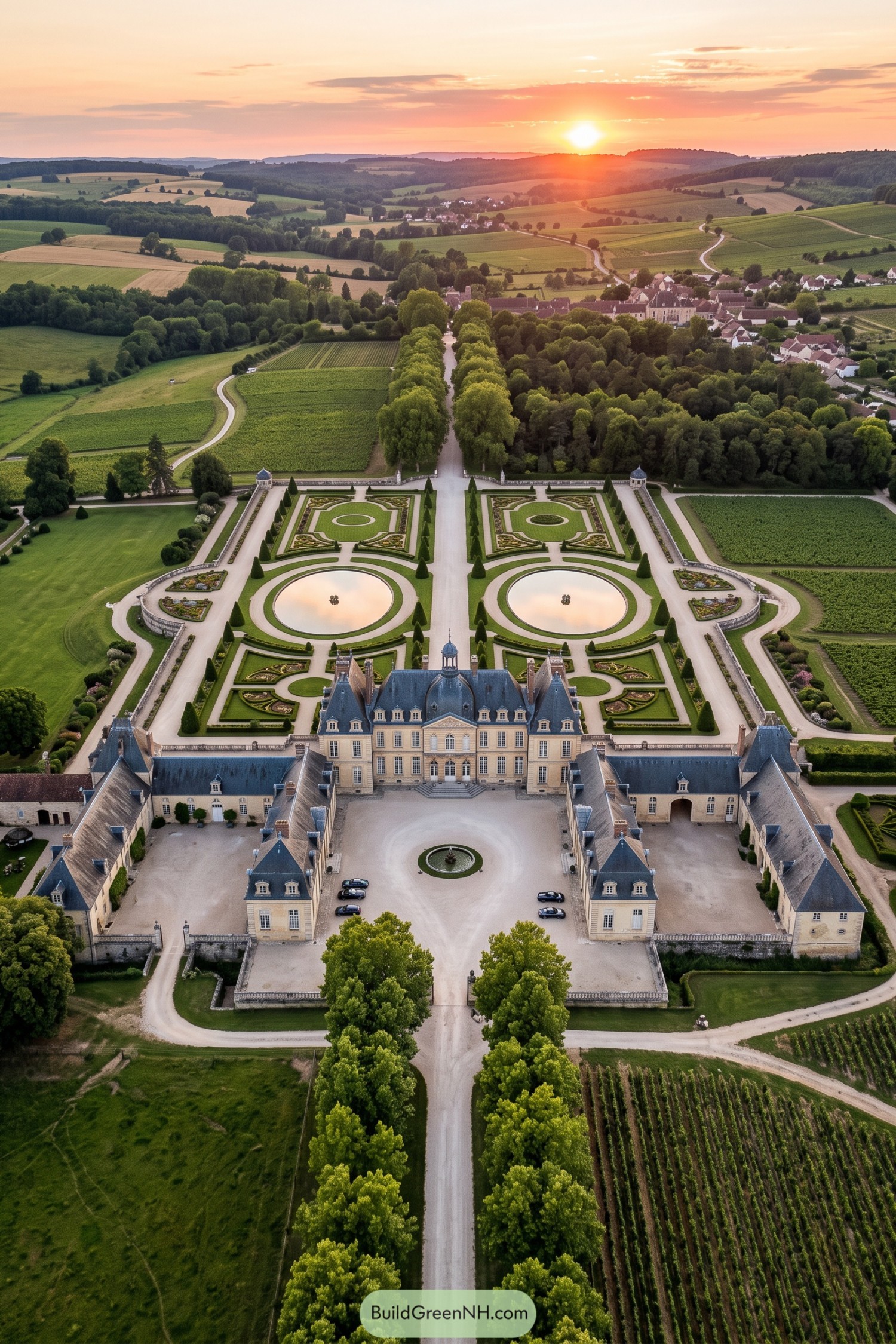 Aerial view of a château with formal parterres and reflecting pools at sunset