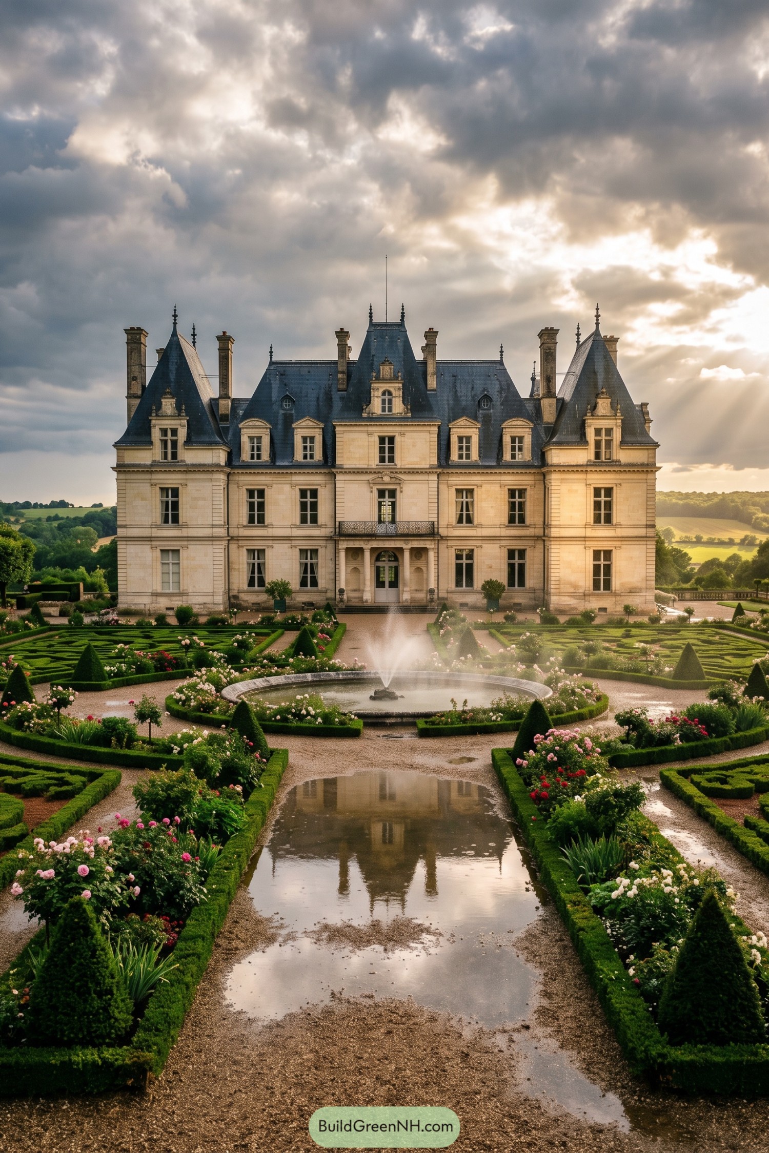 French château with rose parterres fountain and wet gravel path