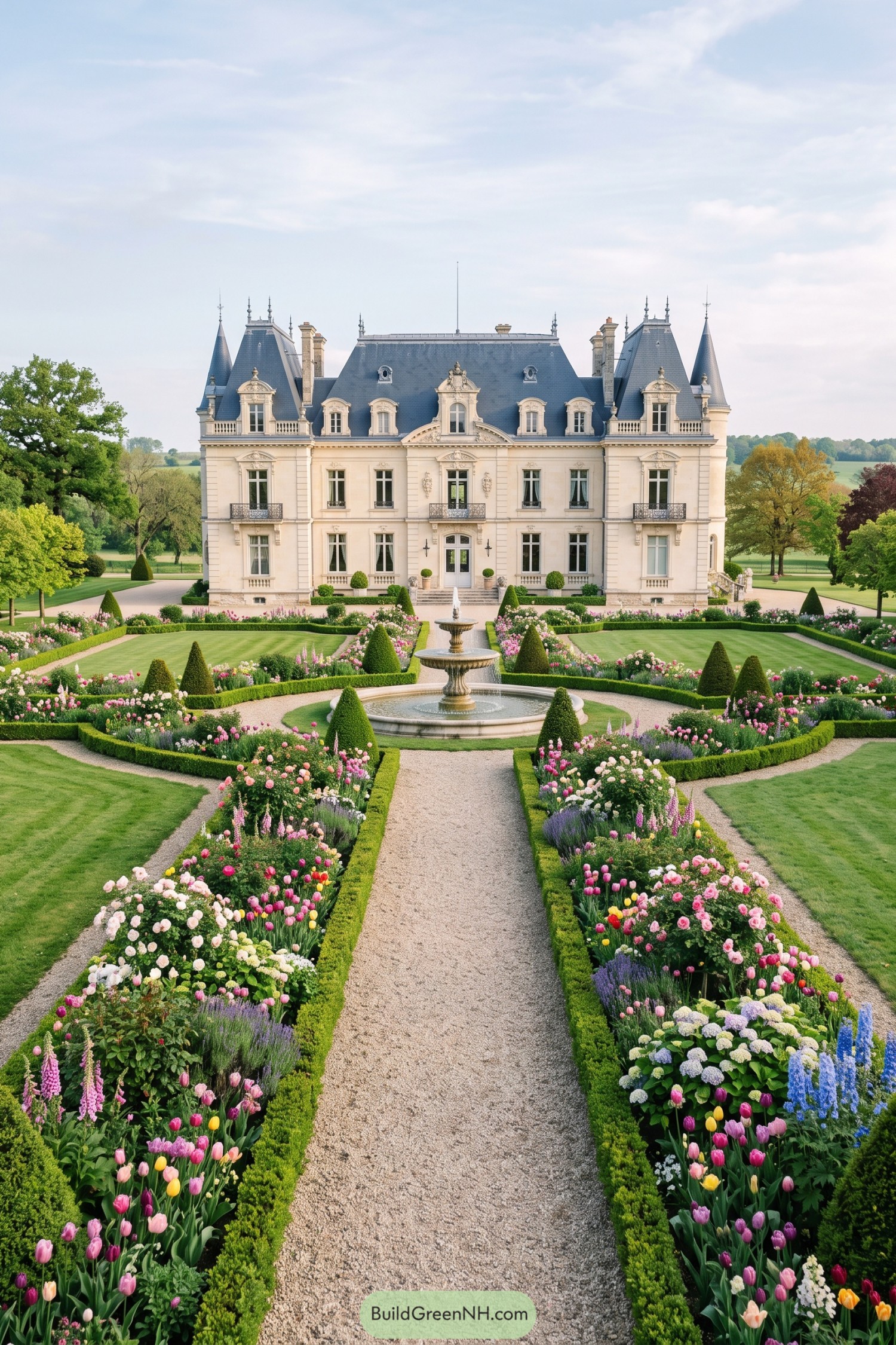 Formal château facade framed by flower-filled parterres and a central fountain