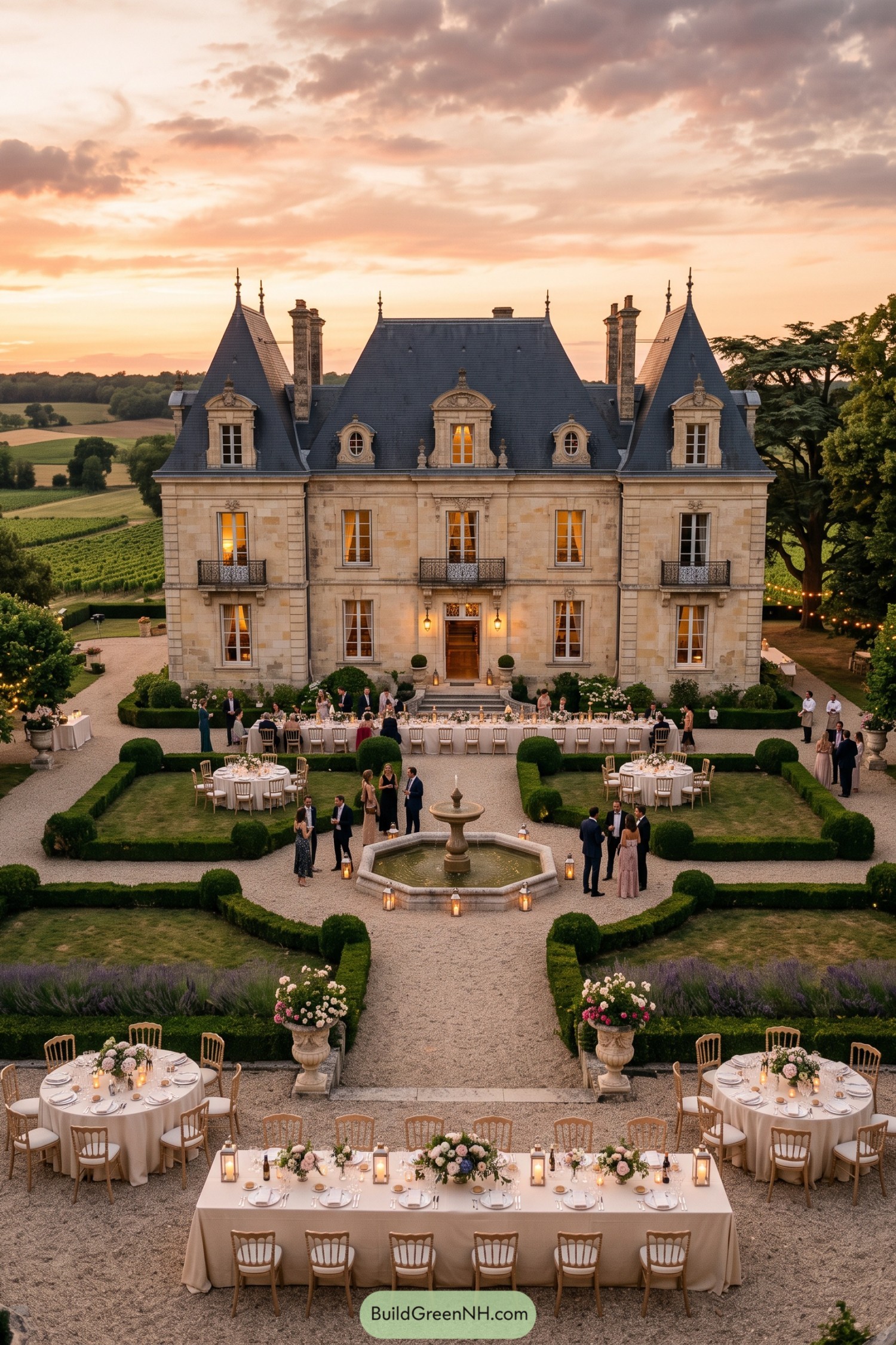 French château with formal fountain courtyard and dinner tables at sunset
