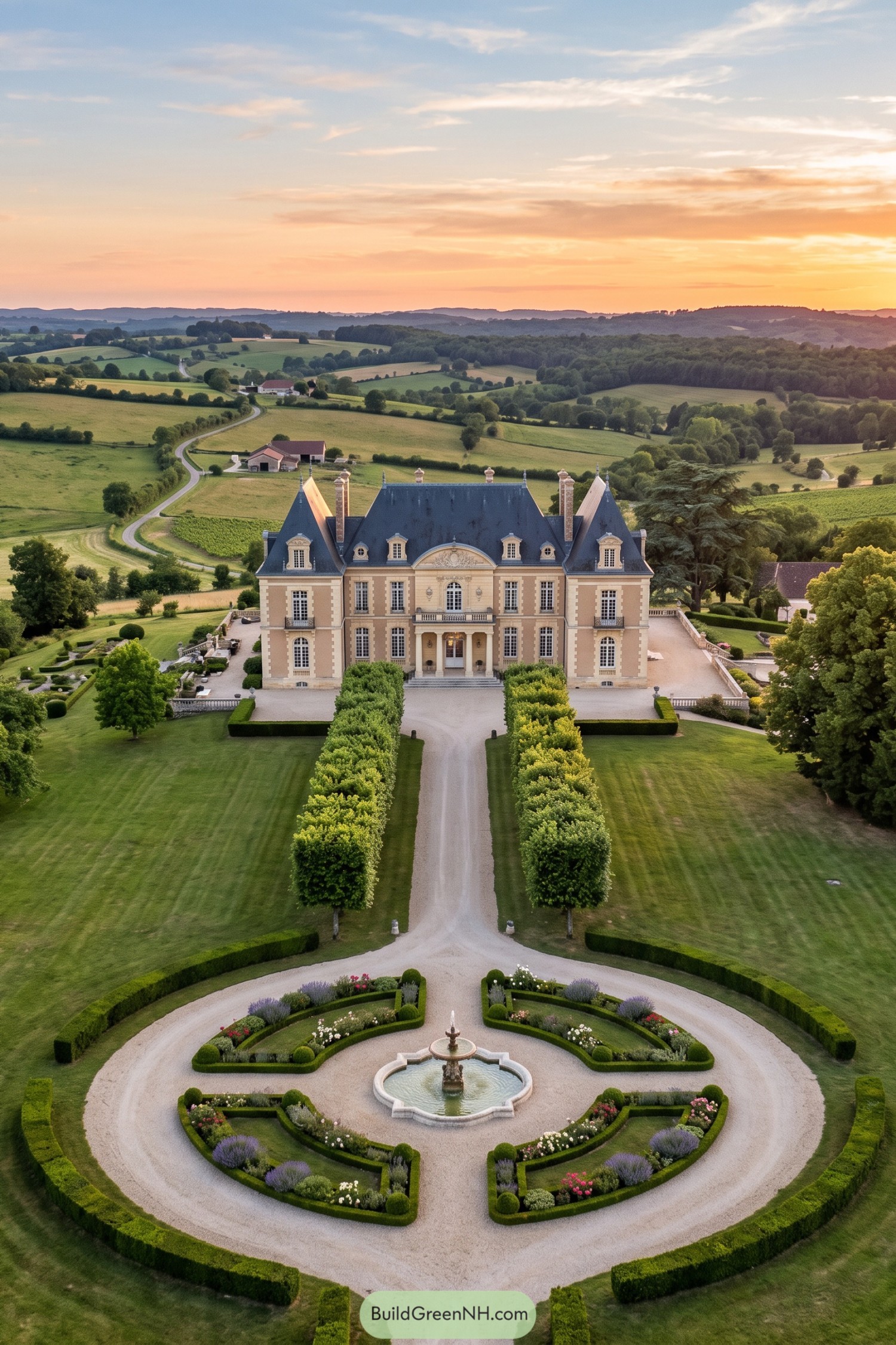 Aerial view of château with fountain garden and tree-lined drive