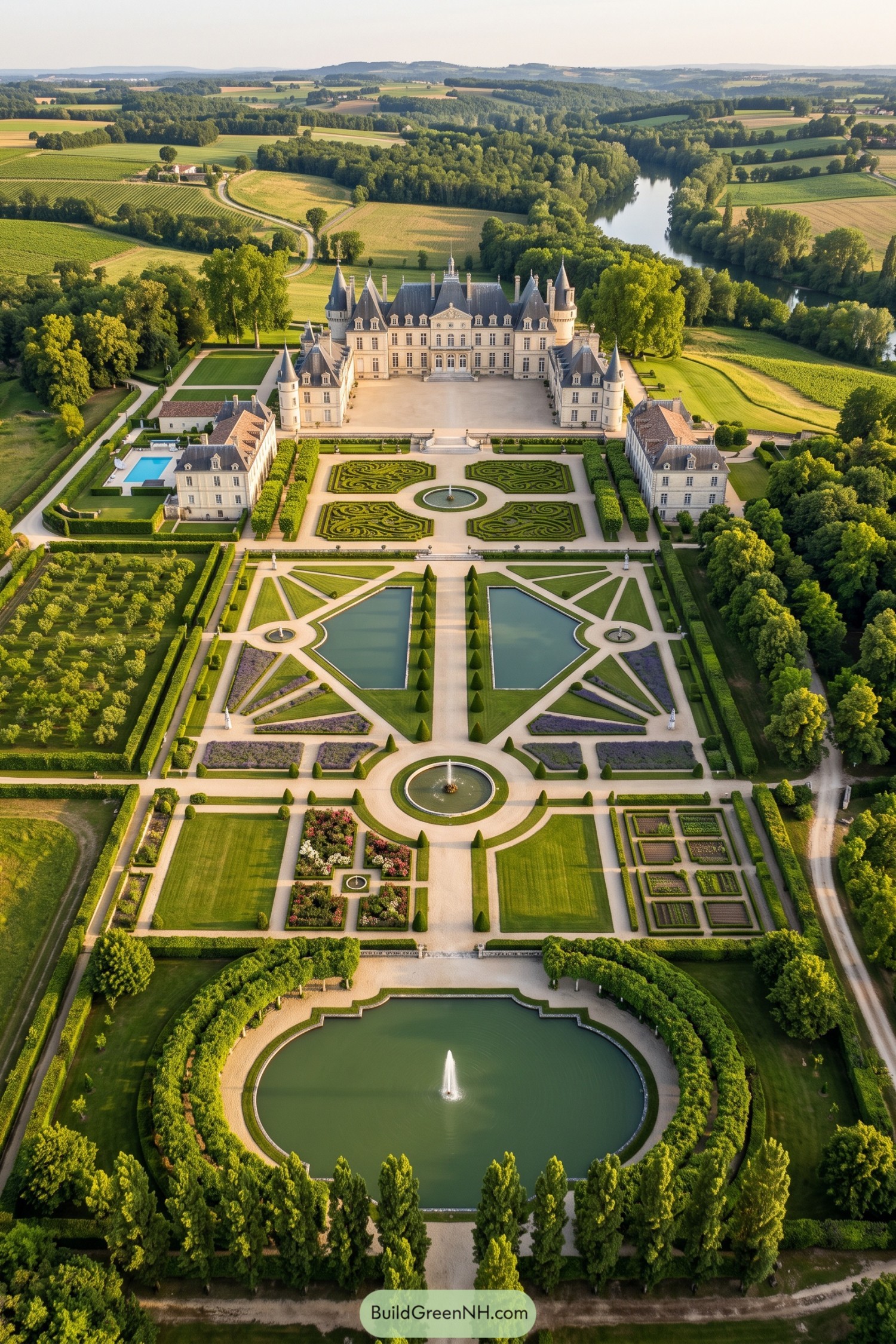 Aerial view of château with formal gardens and fountains