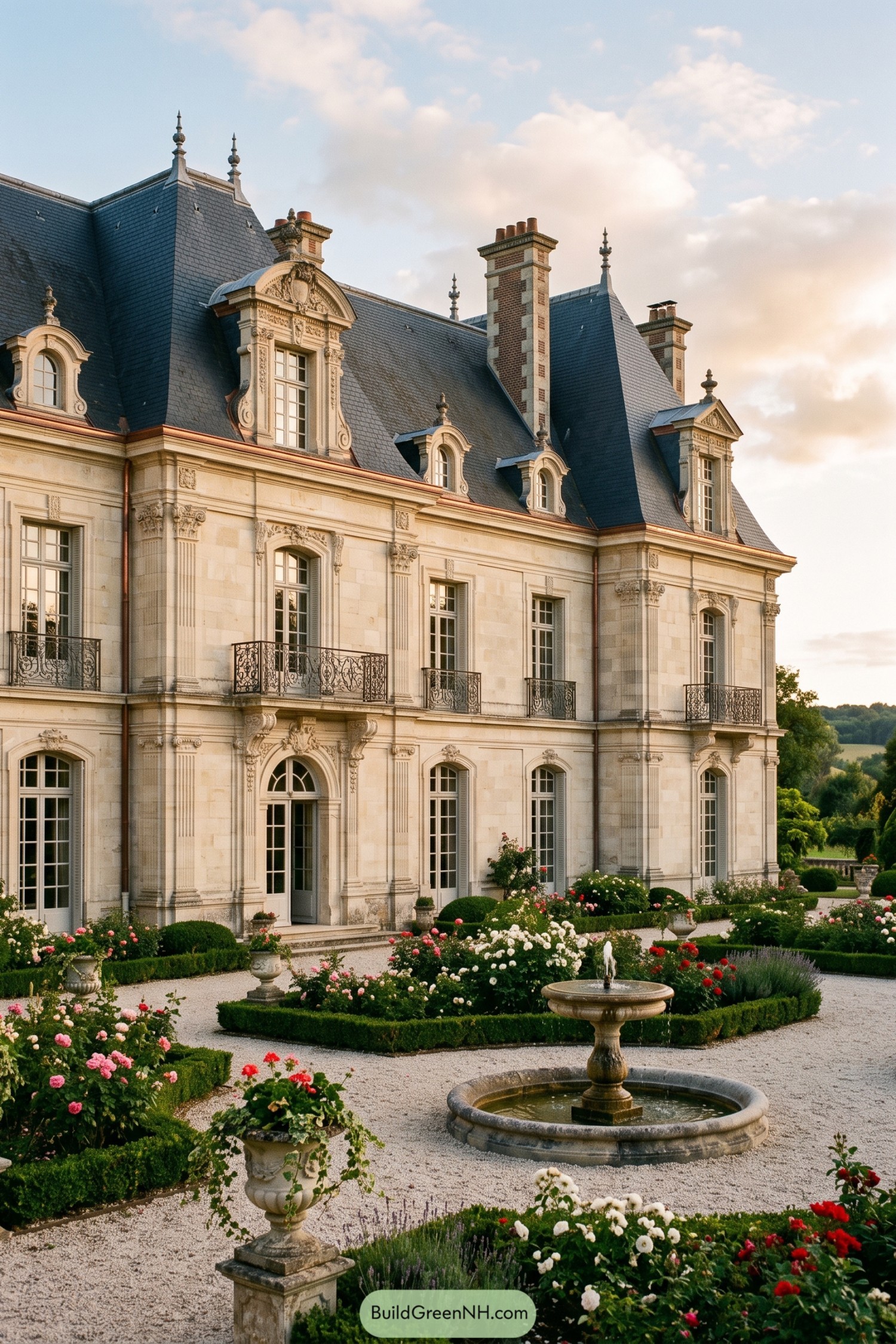 Stone château with mansard roof and rose garden fountain