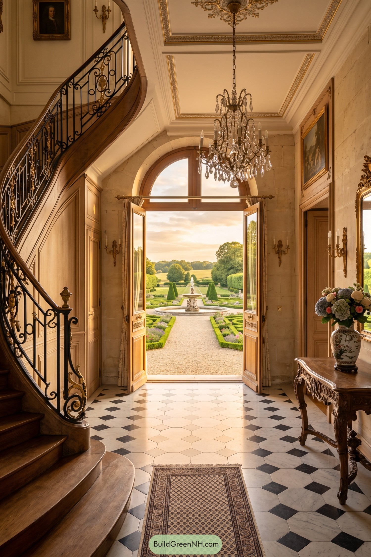 Curved staircase and chandelier frame garden fountain view
