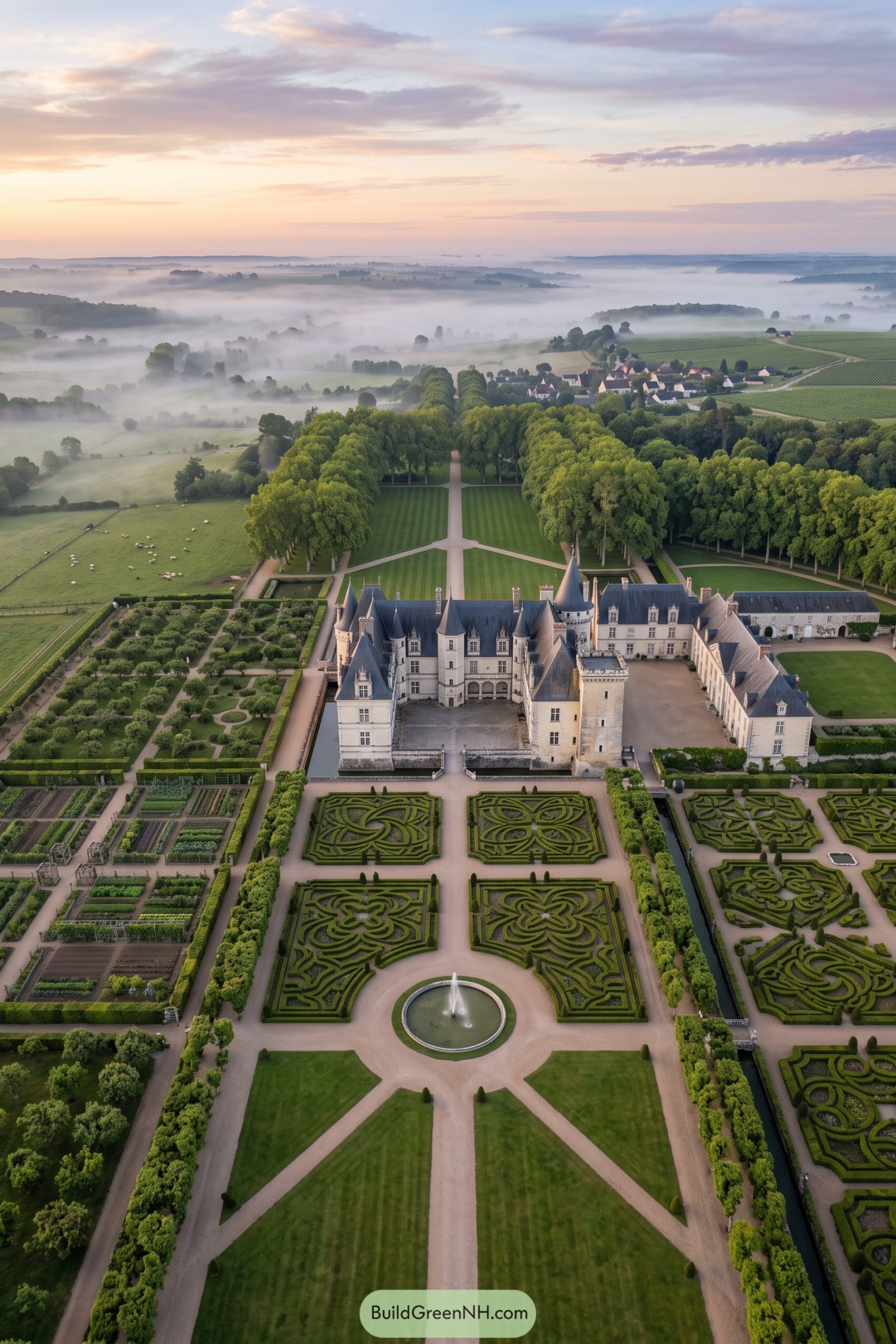 Aerial view of château with ornate parterres and misty farmland