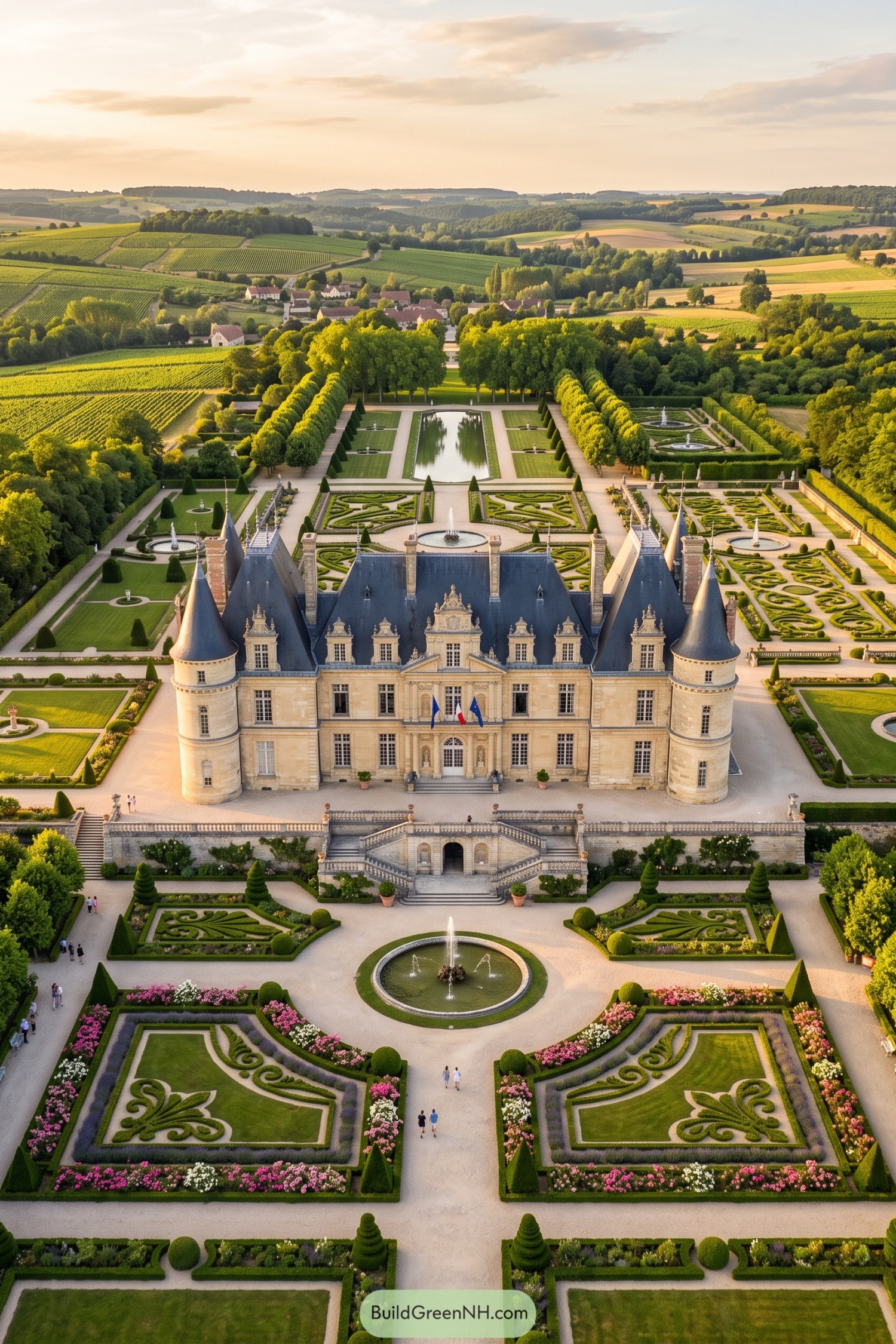 A turreted French château overlooking fountains and formal gardens