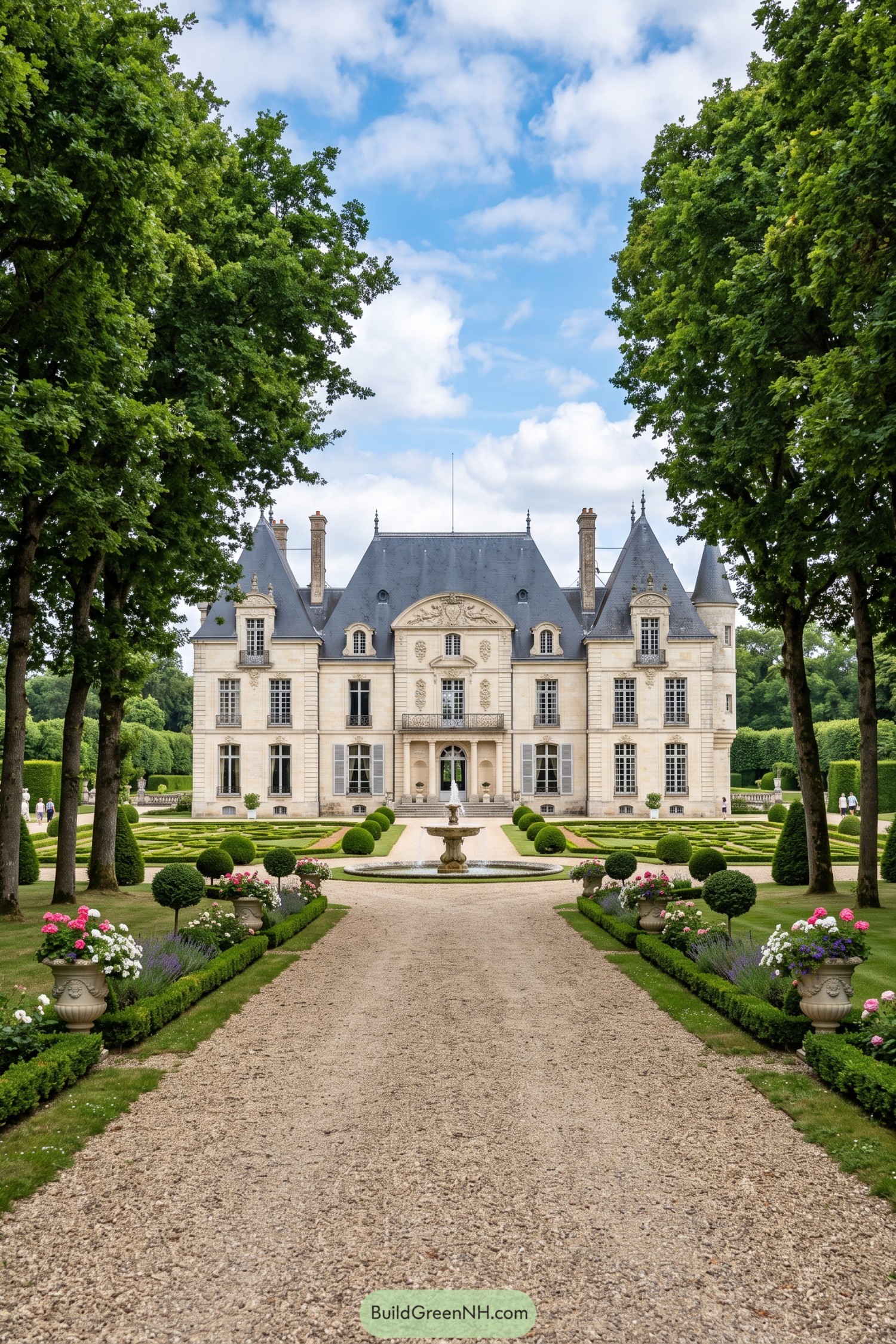 Stone château framed by trees formal gardens and fountain