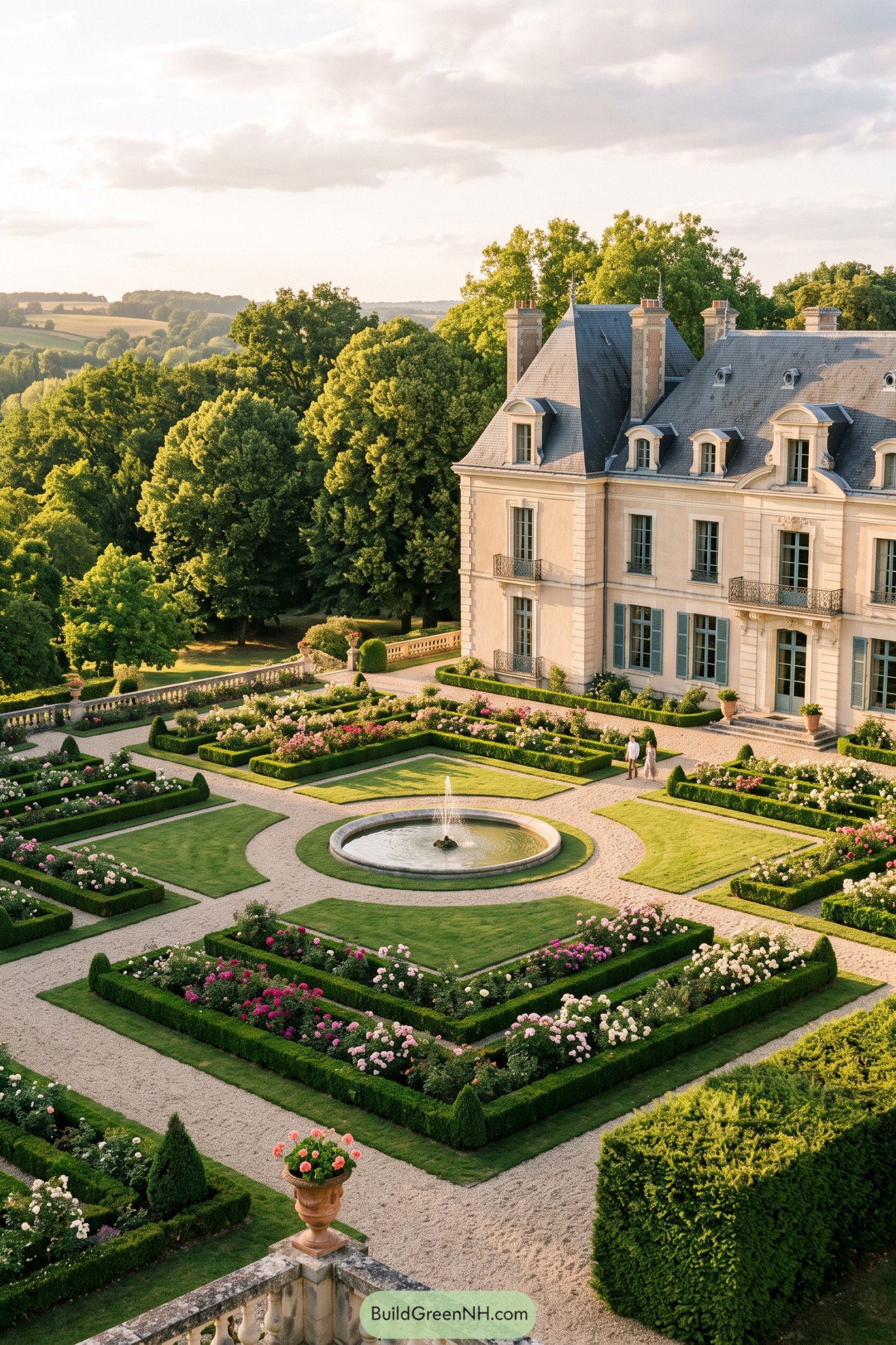 Formal château garden with rose beds and a central fountain