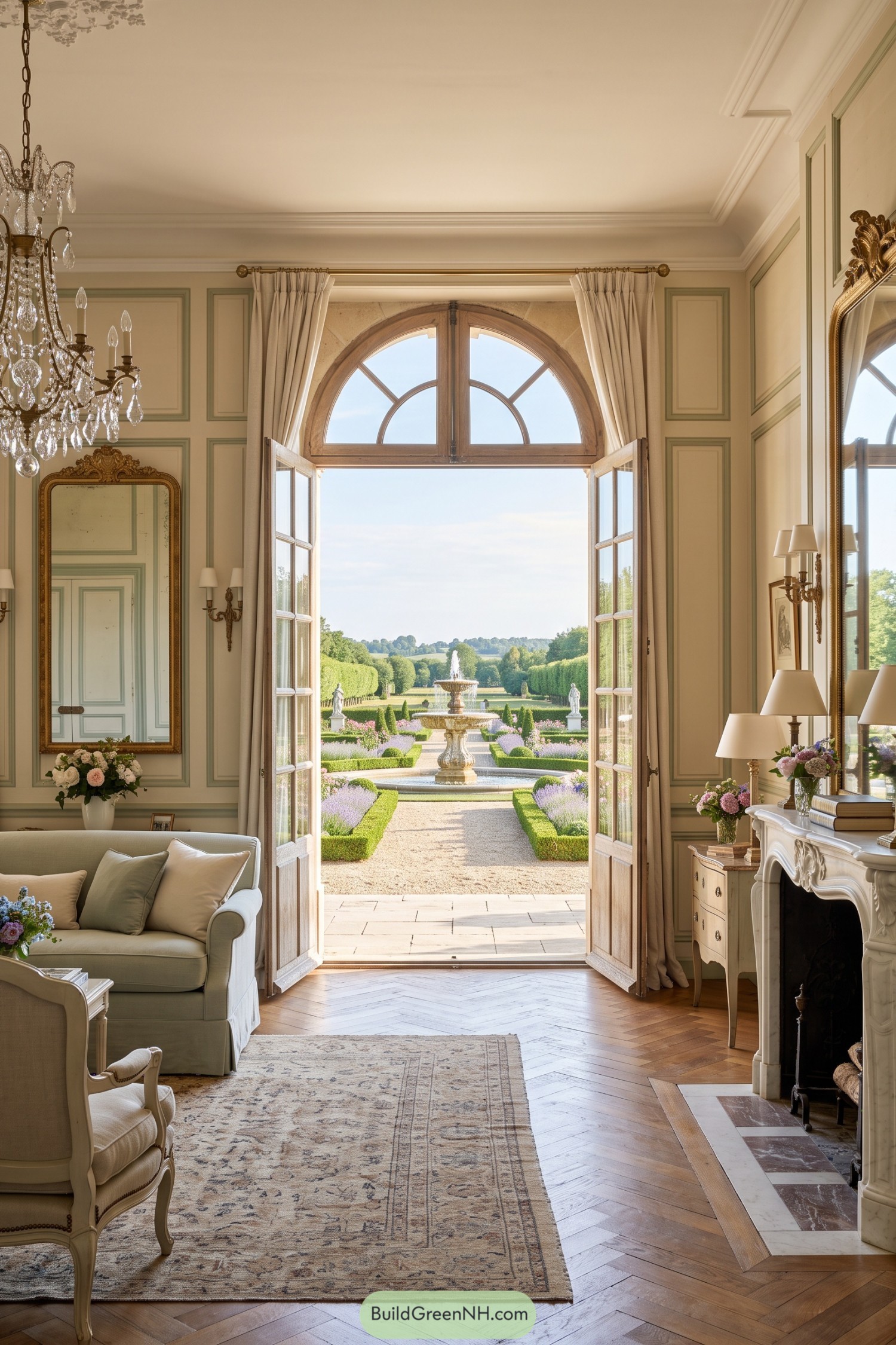 Elegant salon with arched doors opening onto a formal fountain garden