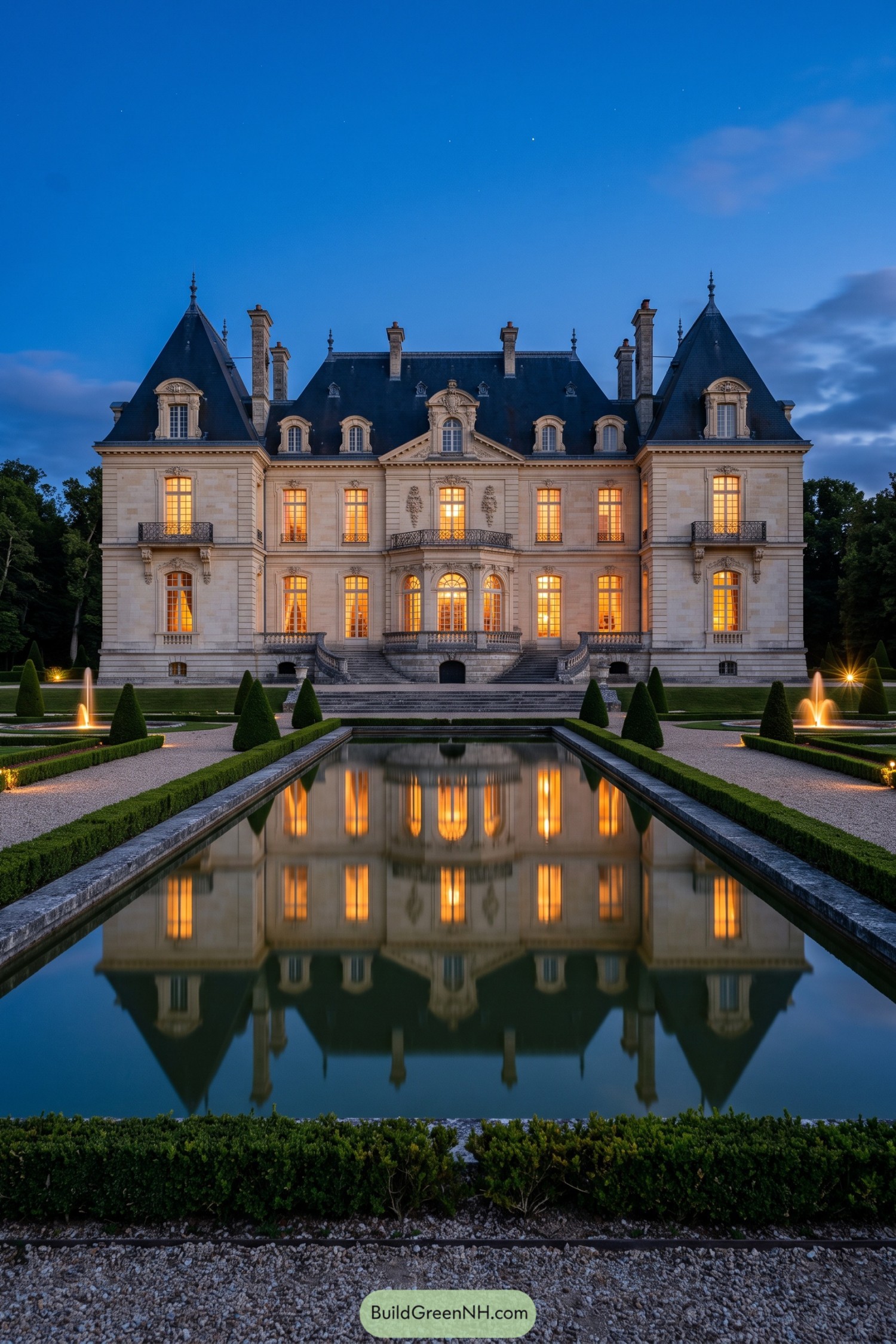 Illuminated French château reflected in a formal basin at dusk