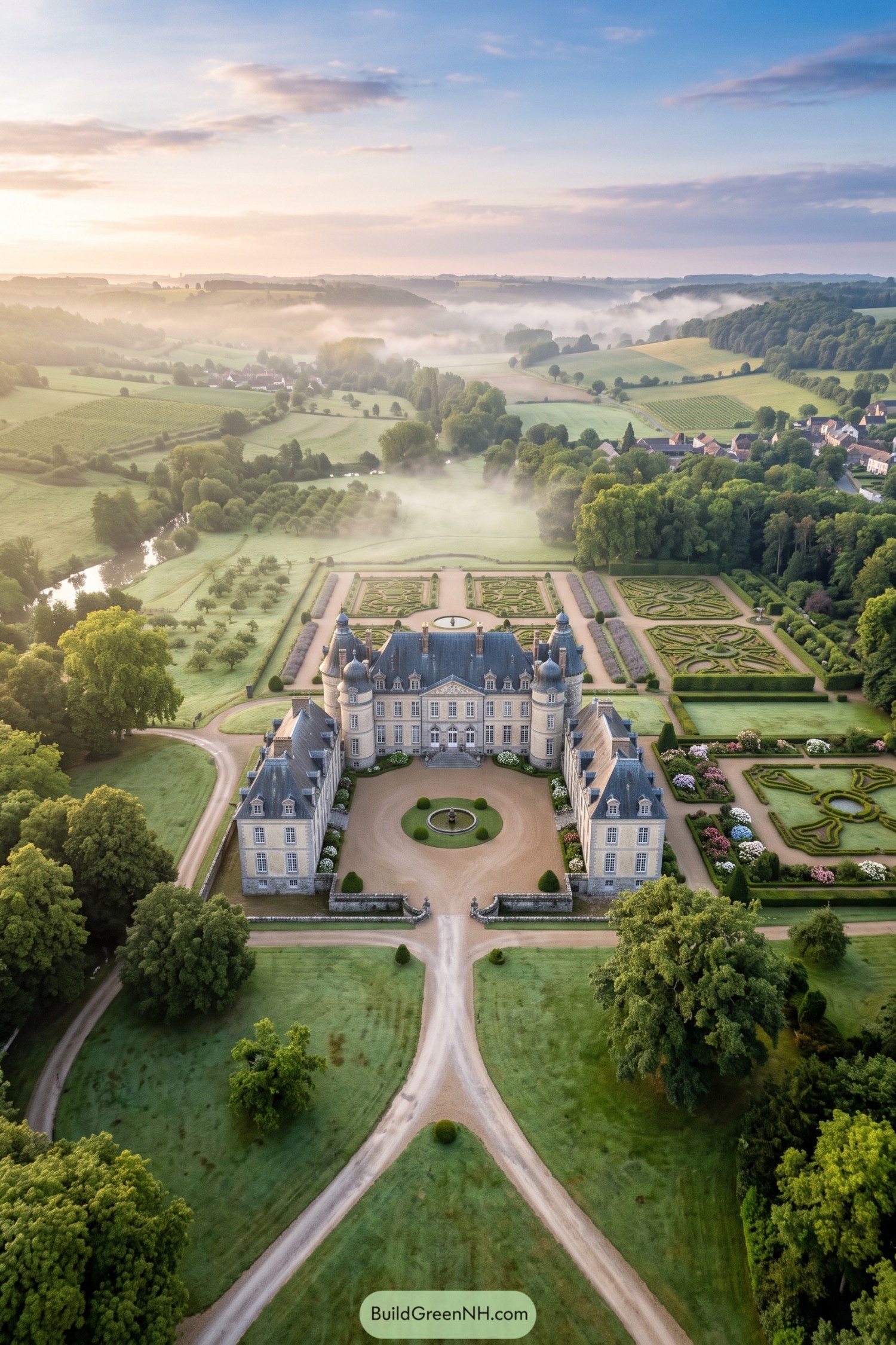Aerial view of a French château with formal gardens amid misty countryside
