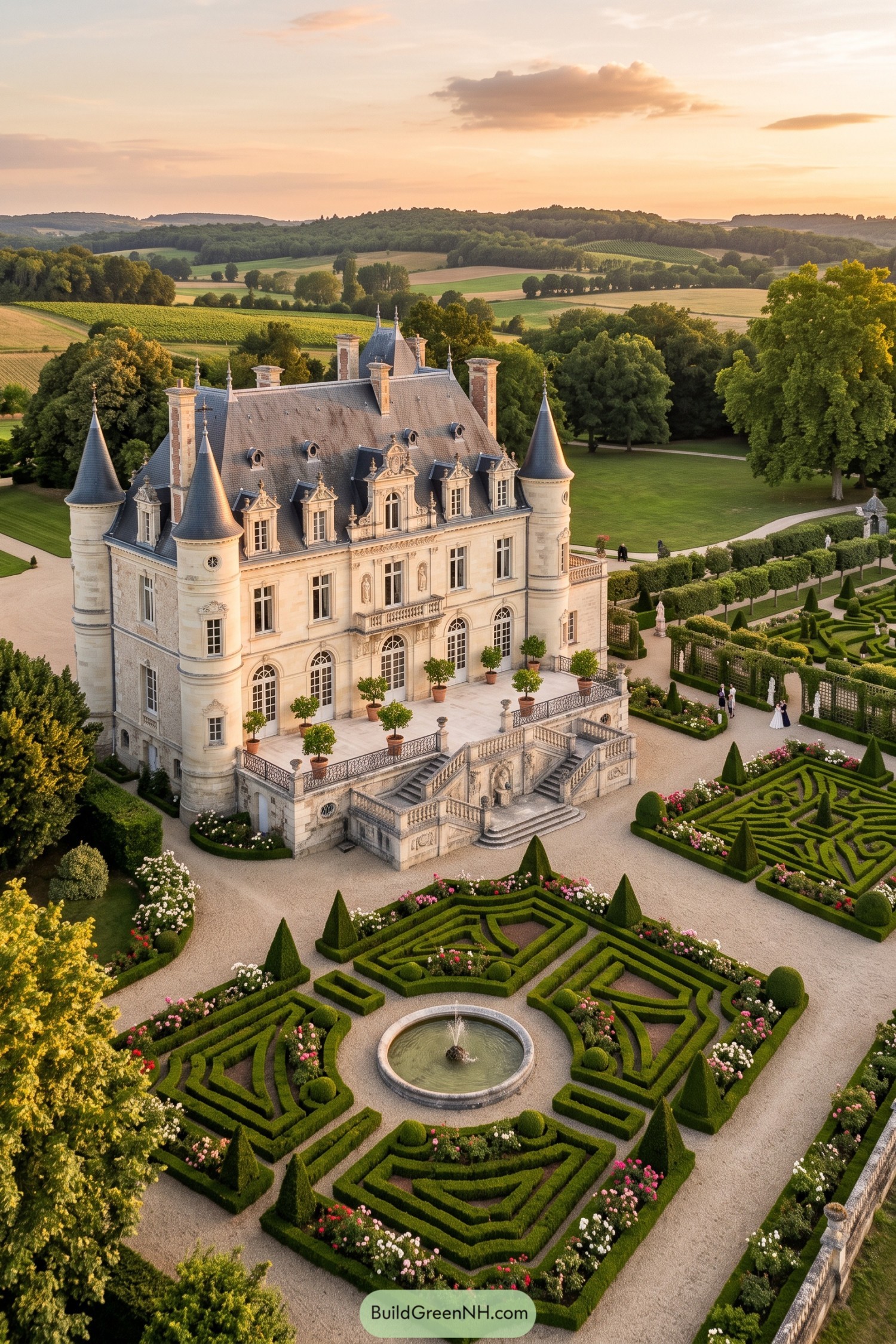 Stone château with conical towers and formal rose parterre