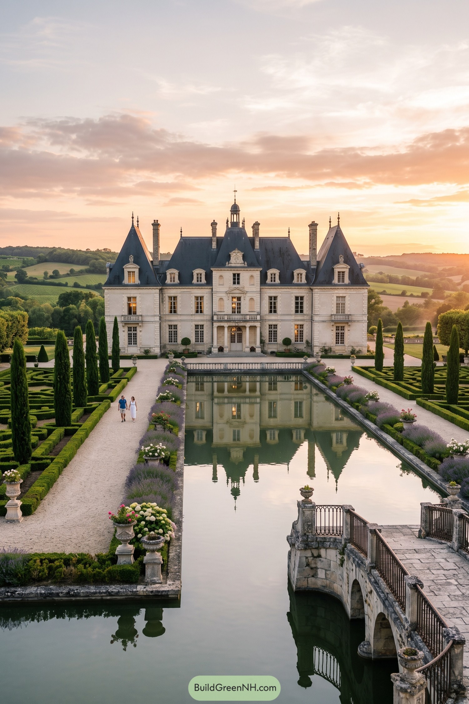French château framed by a long reflecting canal and formal hedges