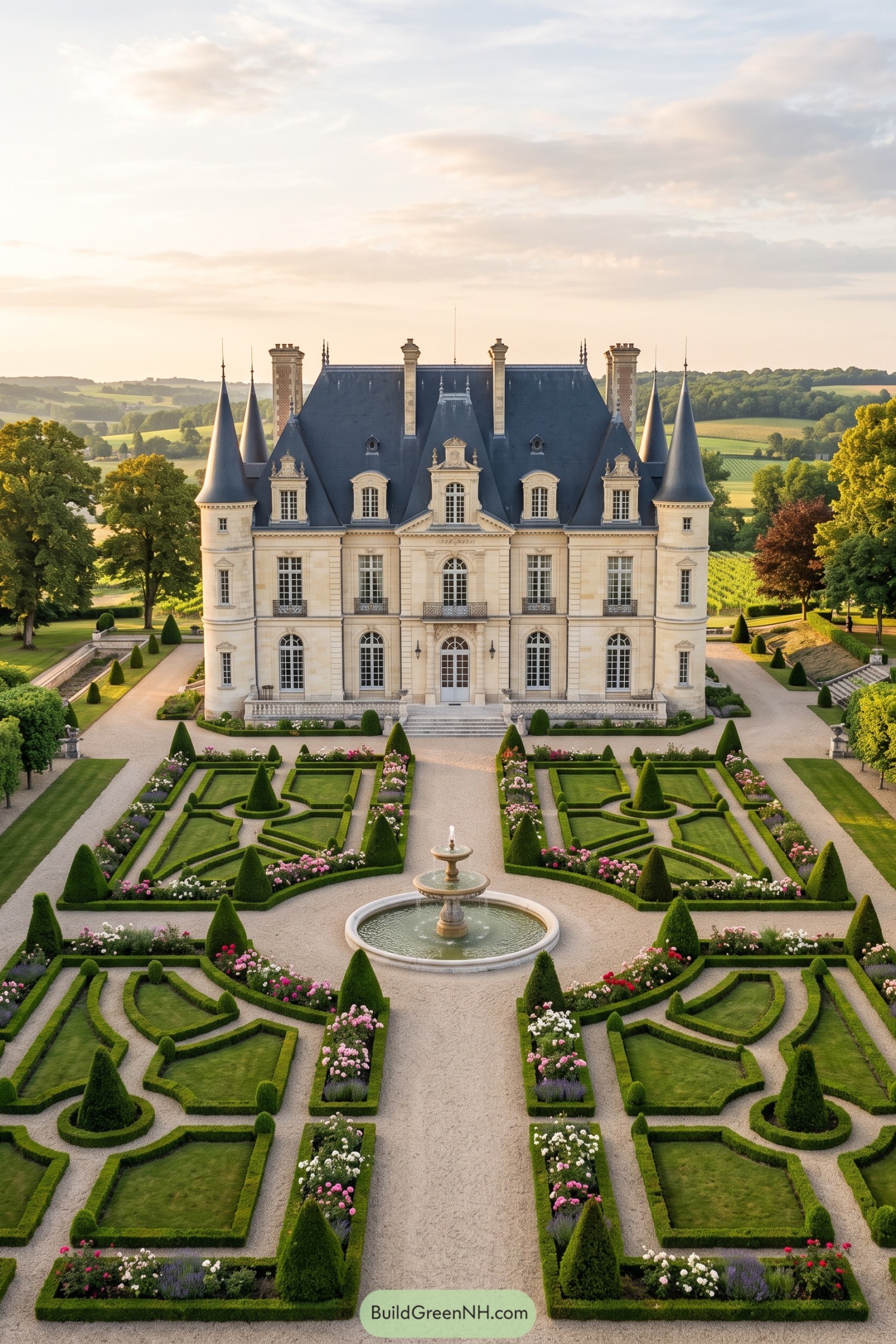 Cream stone château with slate roof towers and formal parterre garden