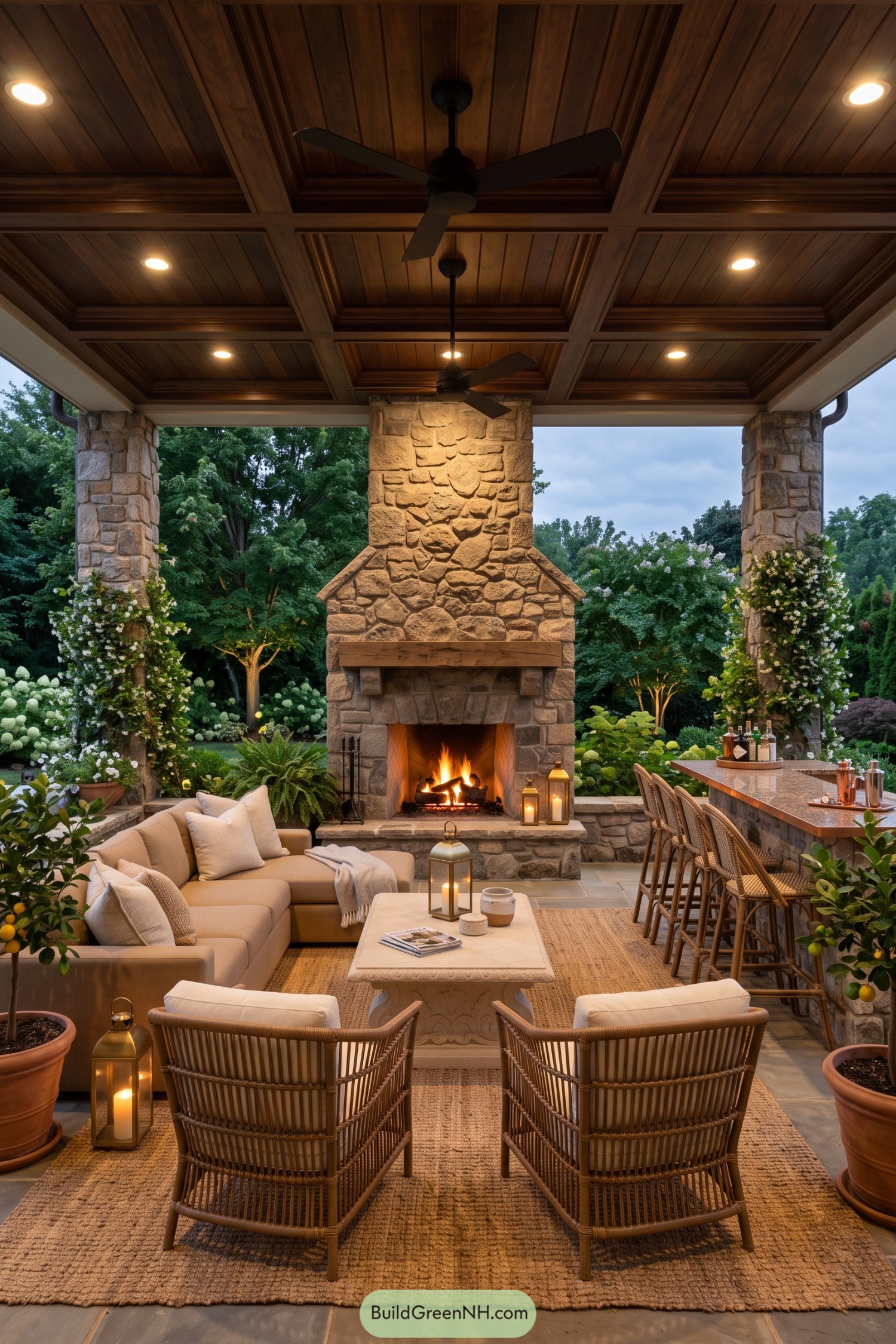 Covered patio with a stone fireplace bar seating and coffered wood ceiling