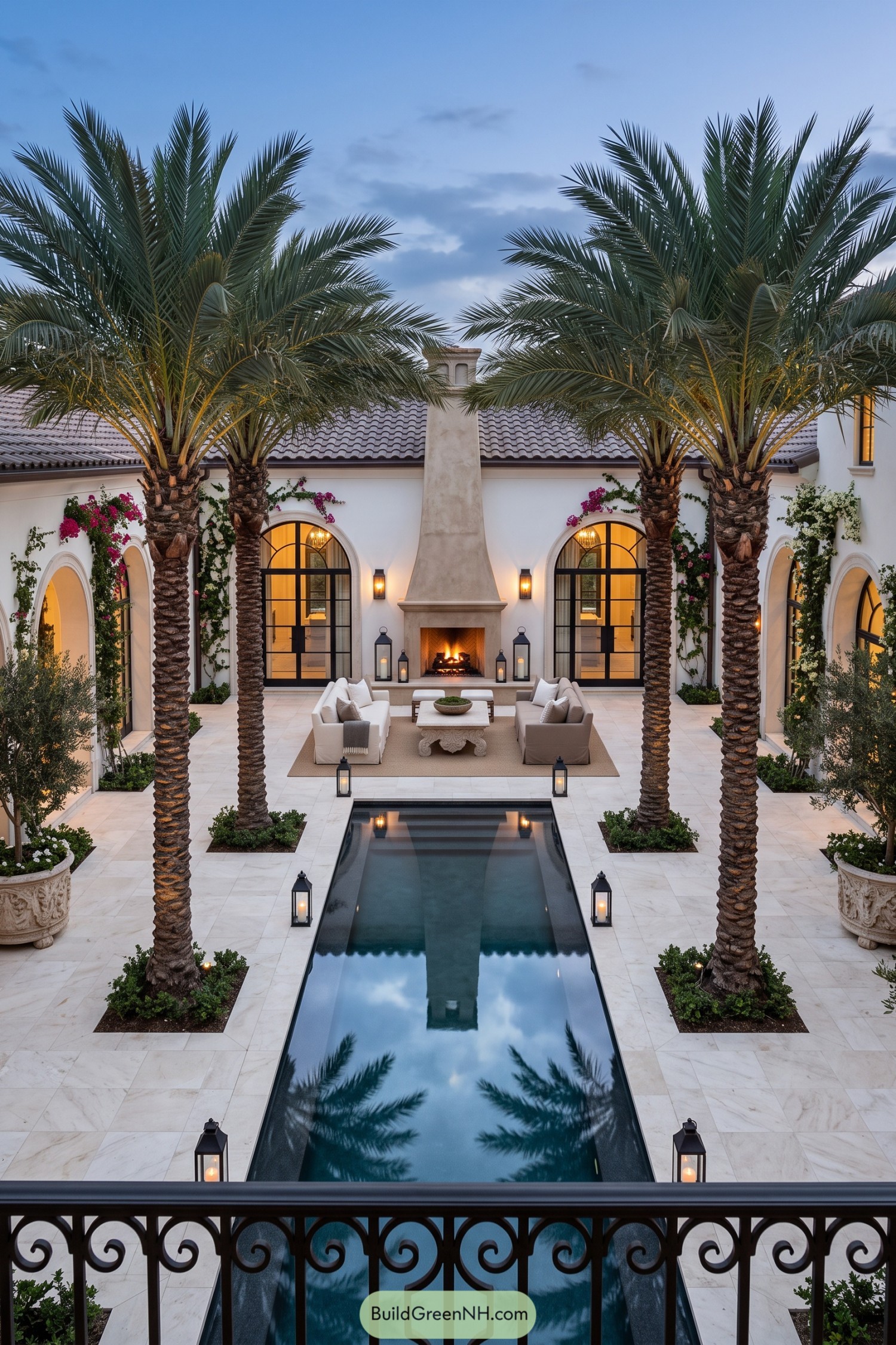 Palm-lined courtyard with reflecting pool and fireplace lounge