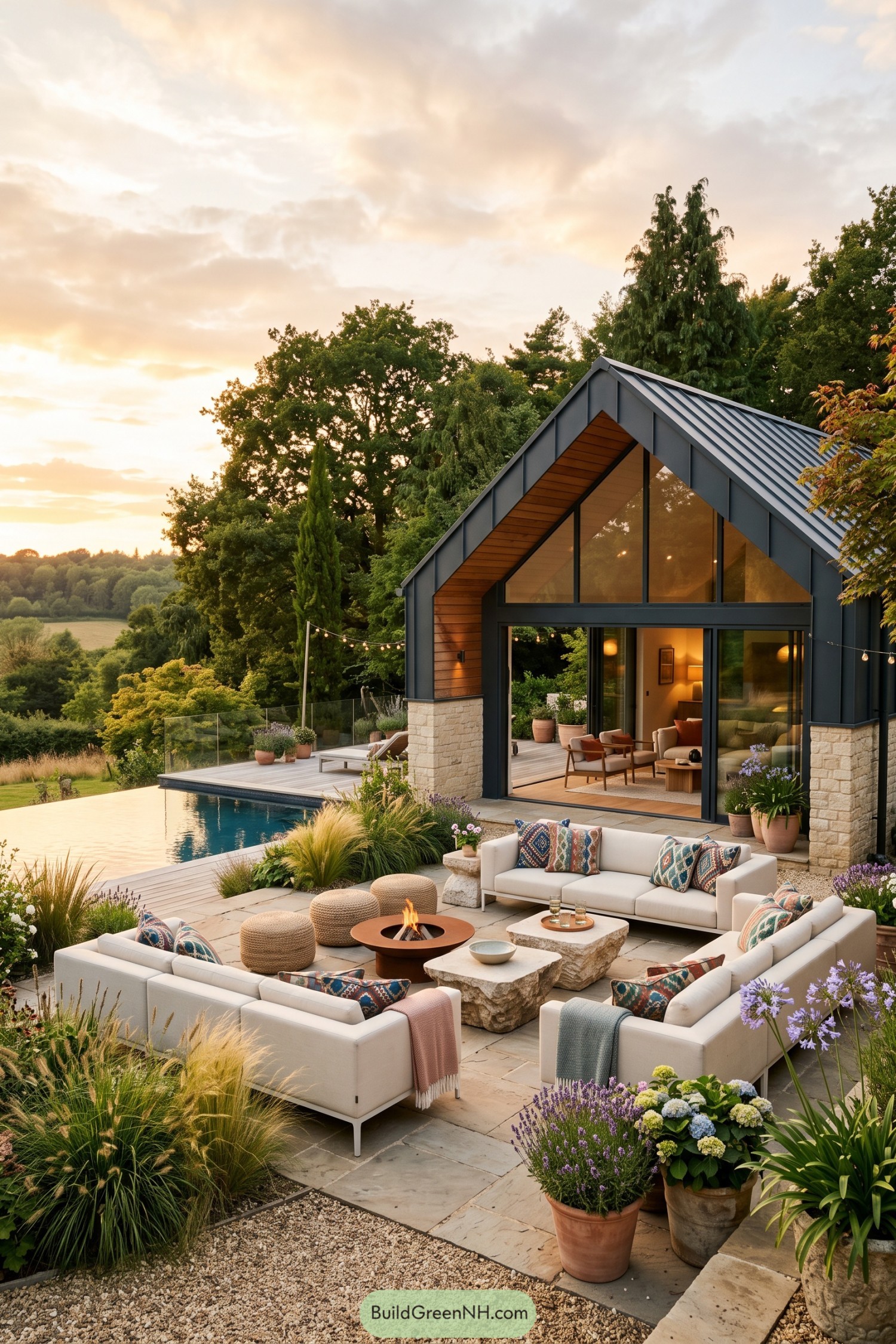 Gabled modern patio with fire lounge and pool