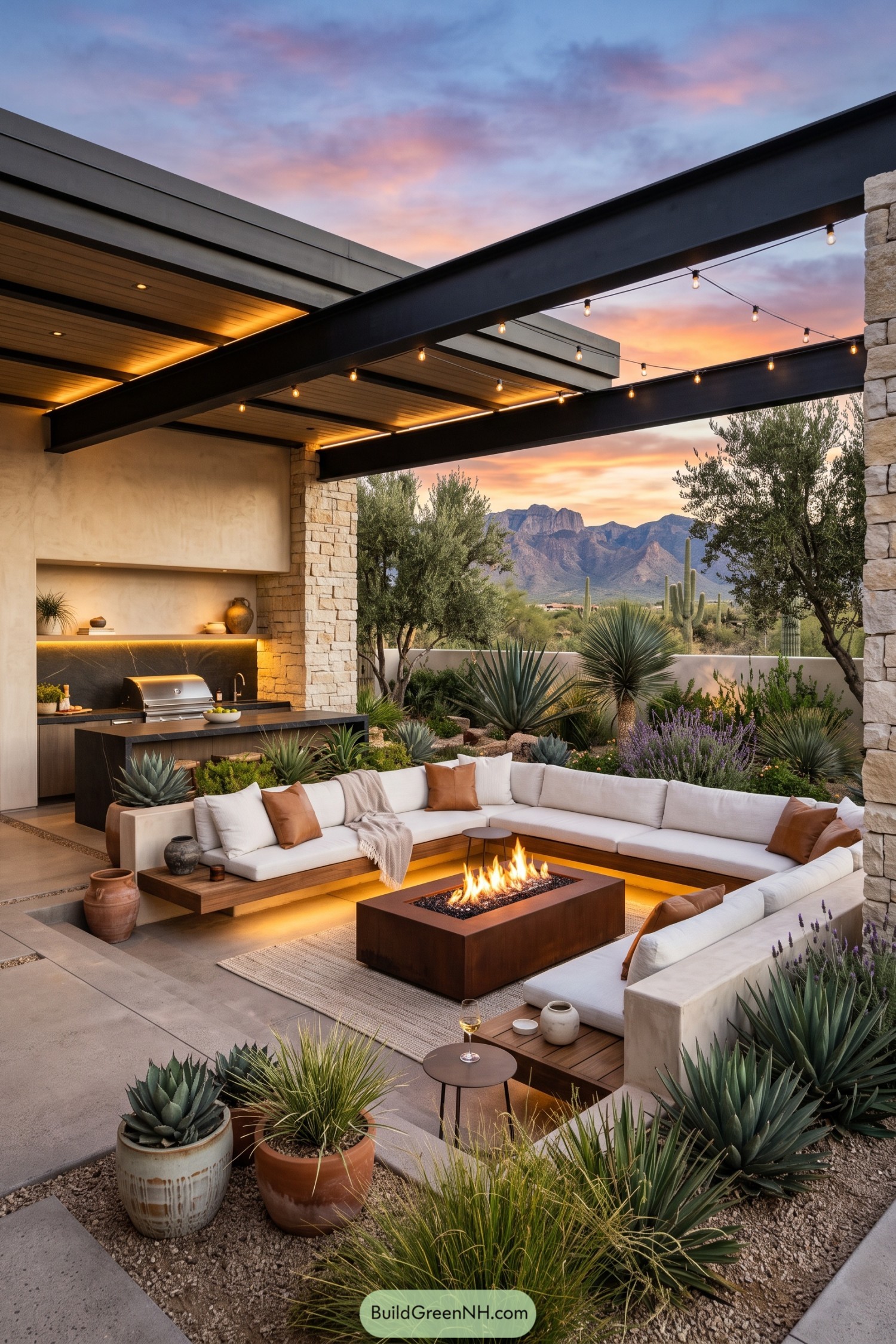 Desert patio with fire table outdoor kitchen and mountain views at sunset