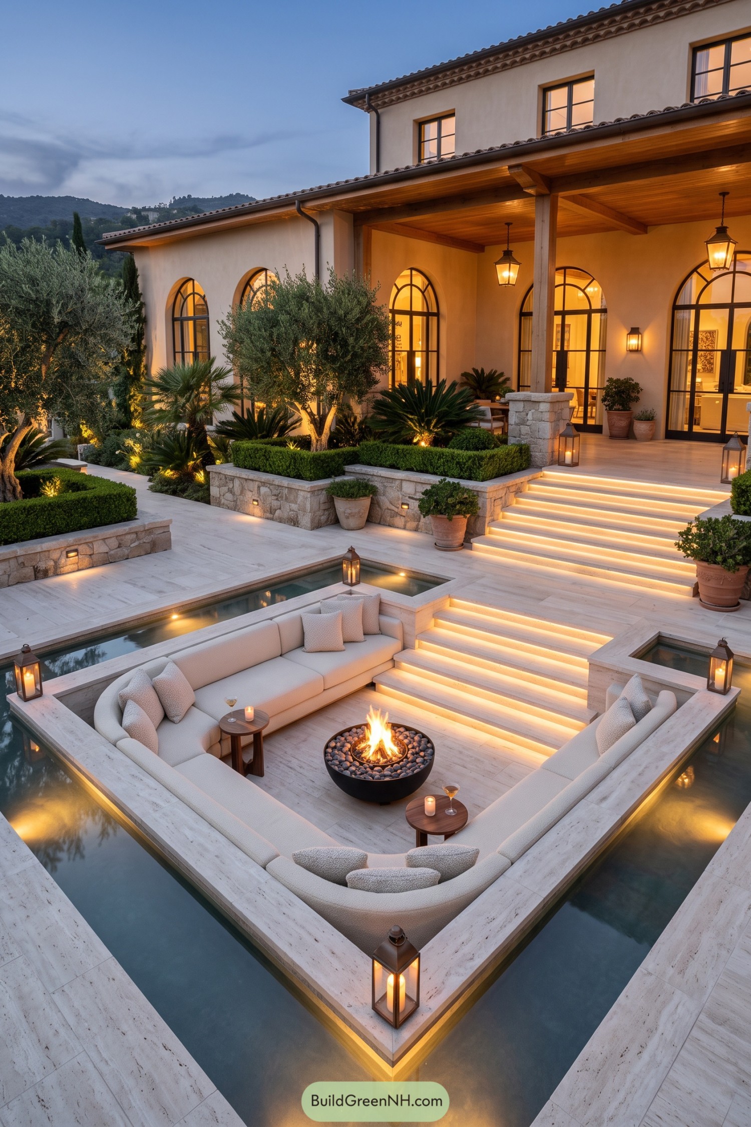 Sunken fire lounge framed by water channels and villa terraces