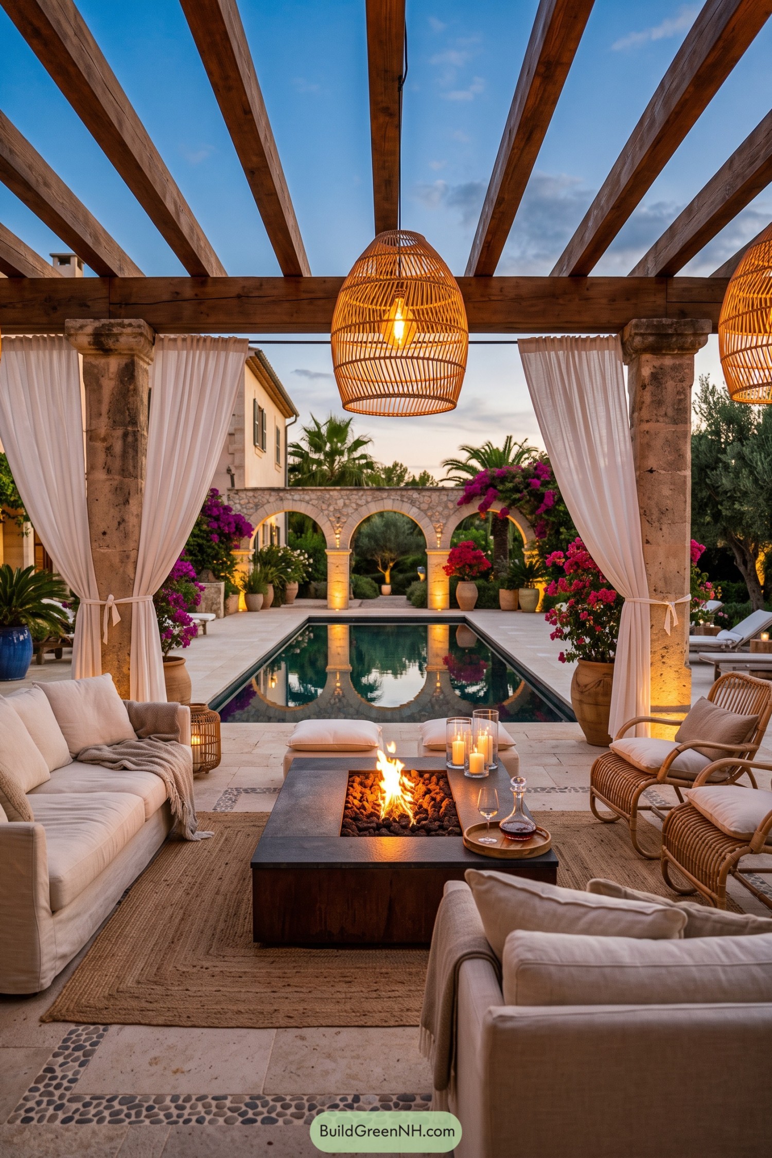 Pergola lounge with fire table beside an arched pool courtyard
