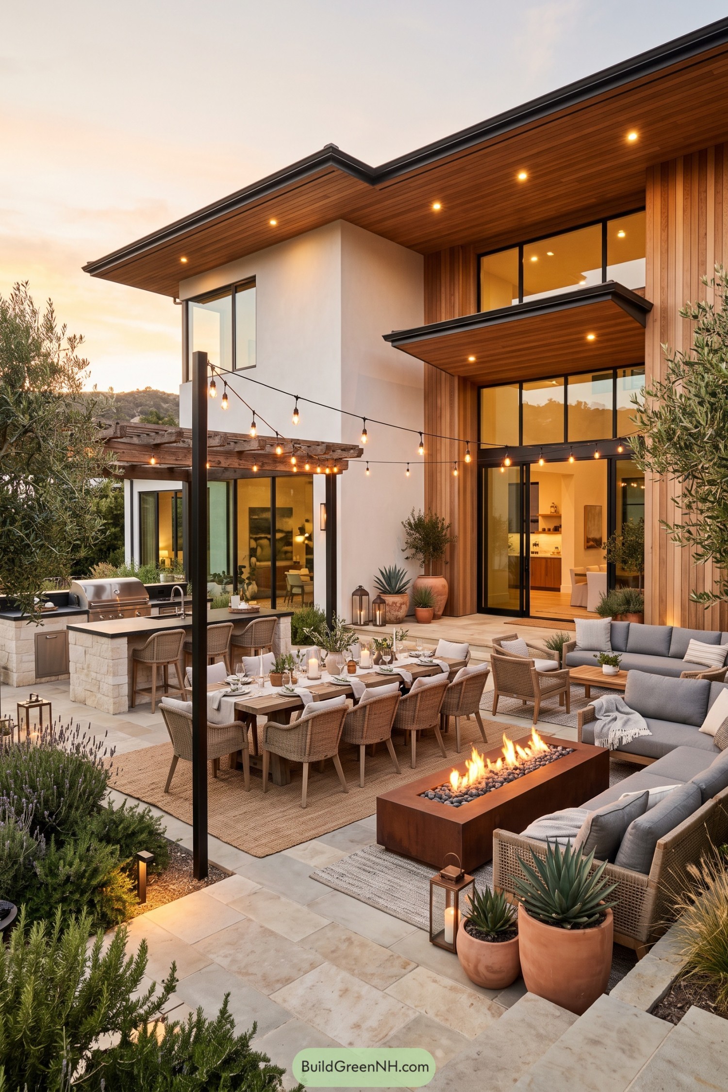 Modern patio with outdoor kitchen dining table and fire feature
