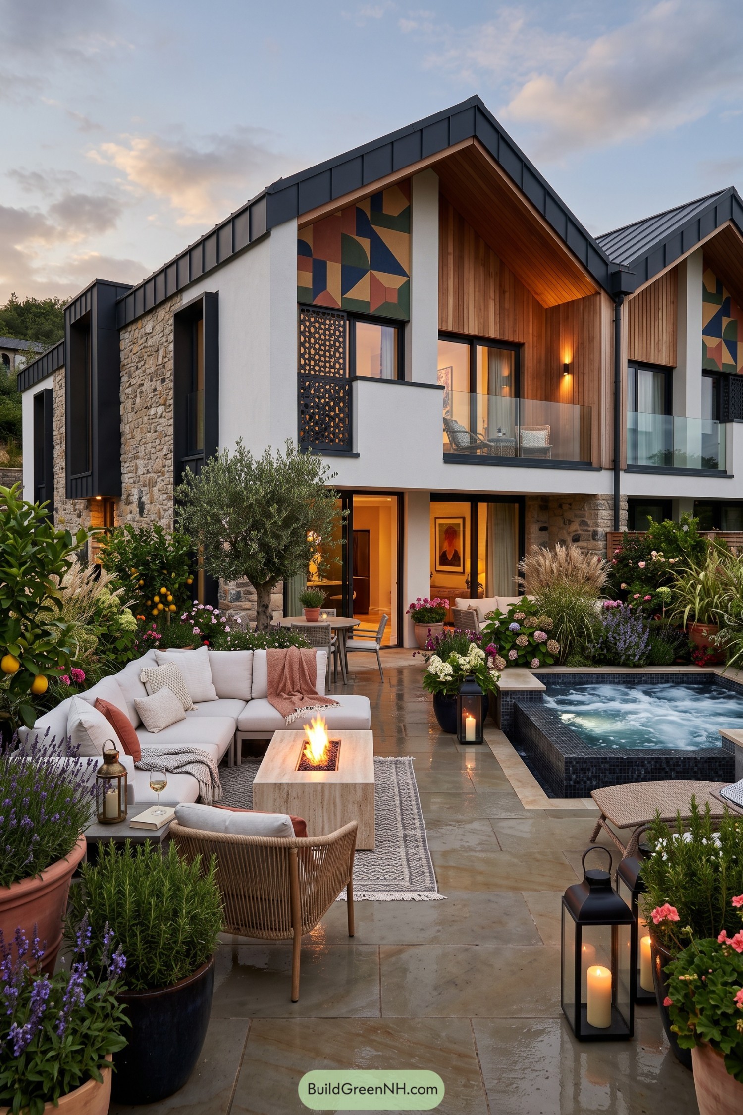 Garden patio with fire table and bubbling spa beneath gabled home
