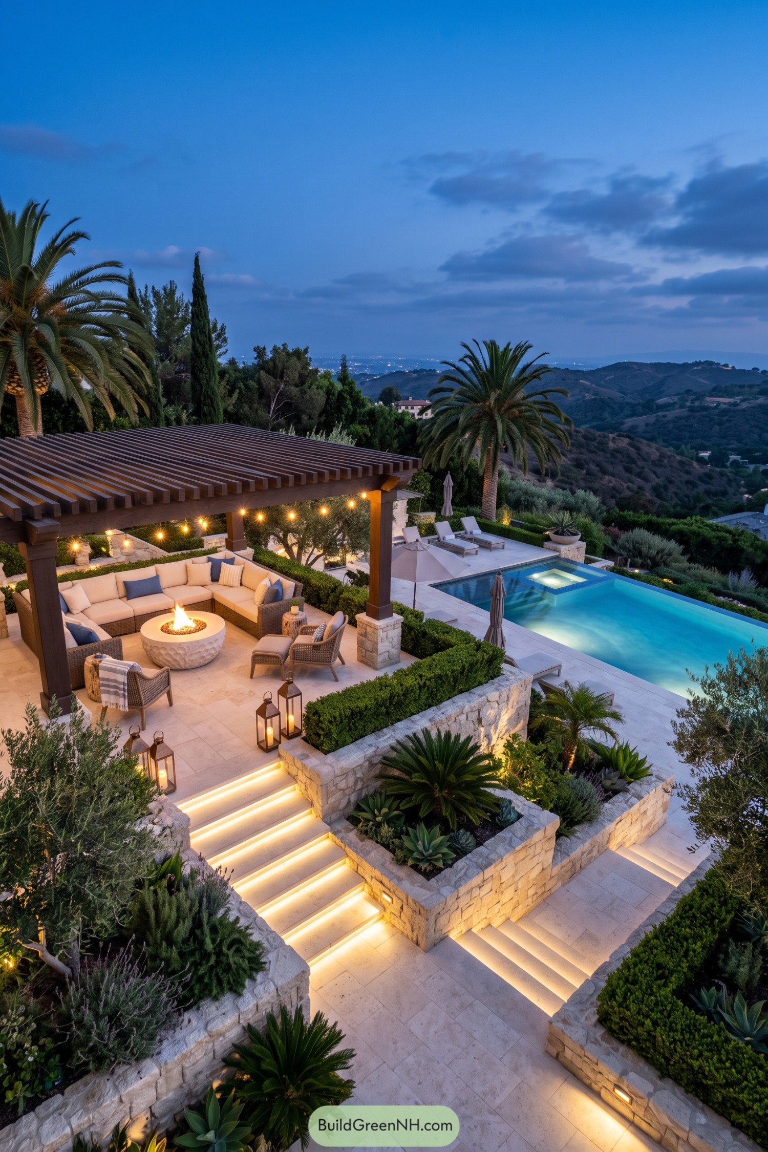 Pergola lounge and illuminated pool overlooking hills